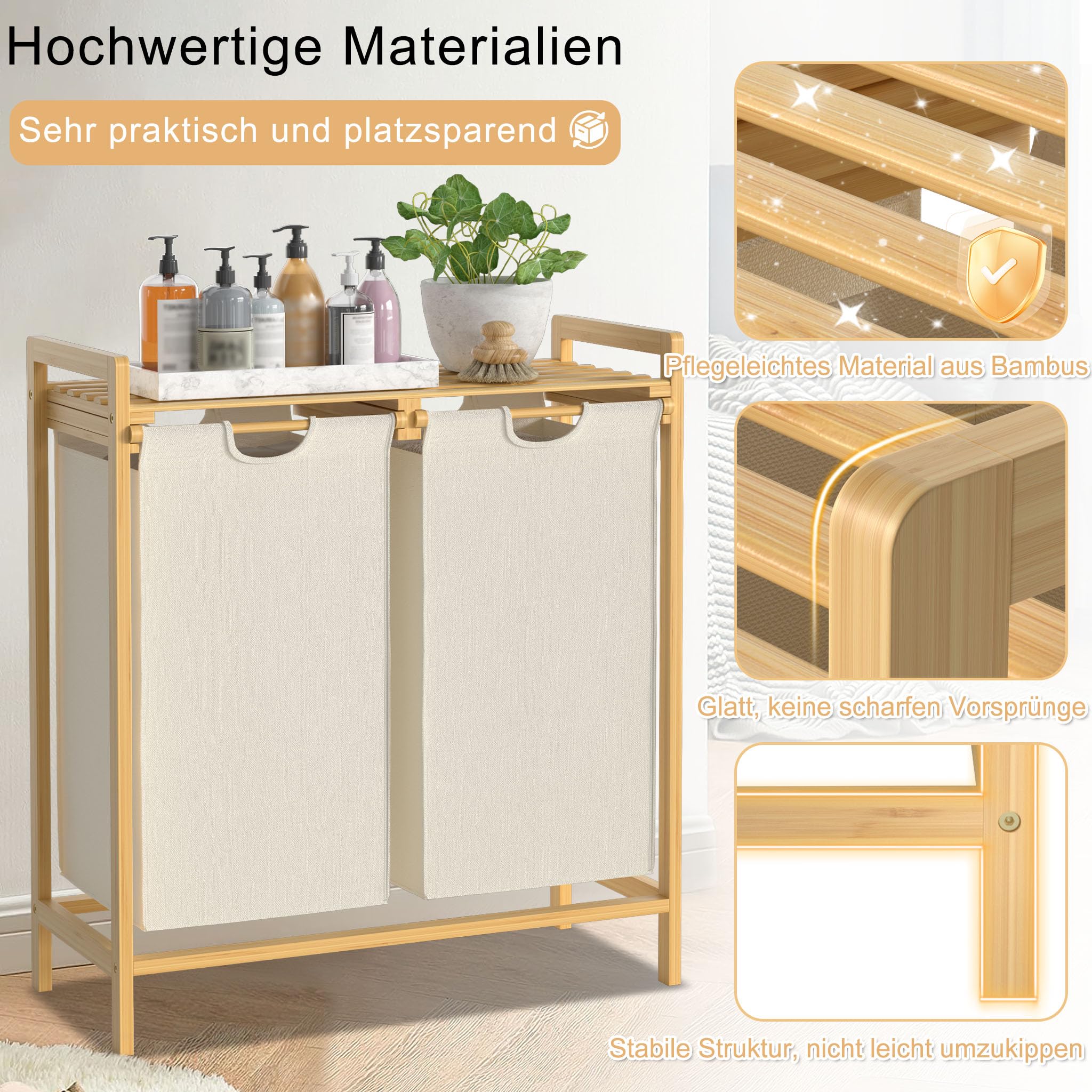 UISEBRT Bambus Wäschekorb mit 2 Fächern, 72L Wäschesortierer aus Oxford-Stoff, Wäschesortiersystem abnehmbar und waschbar, 73x64x33,5cm, Beige