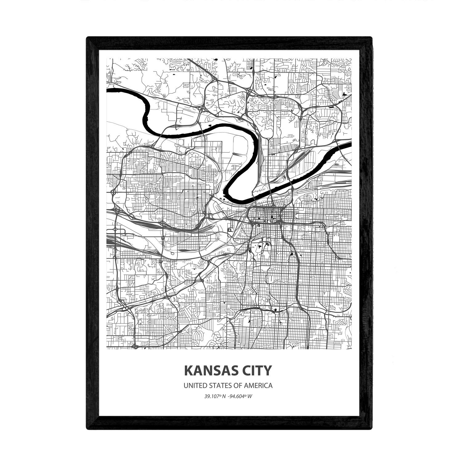 Nacnic Poster with map of Kansas City - USA. Sheets US cities with seas and rivers in black color. A4 size