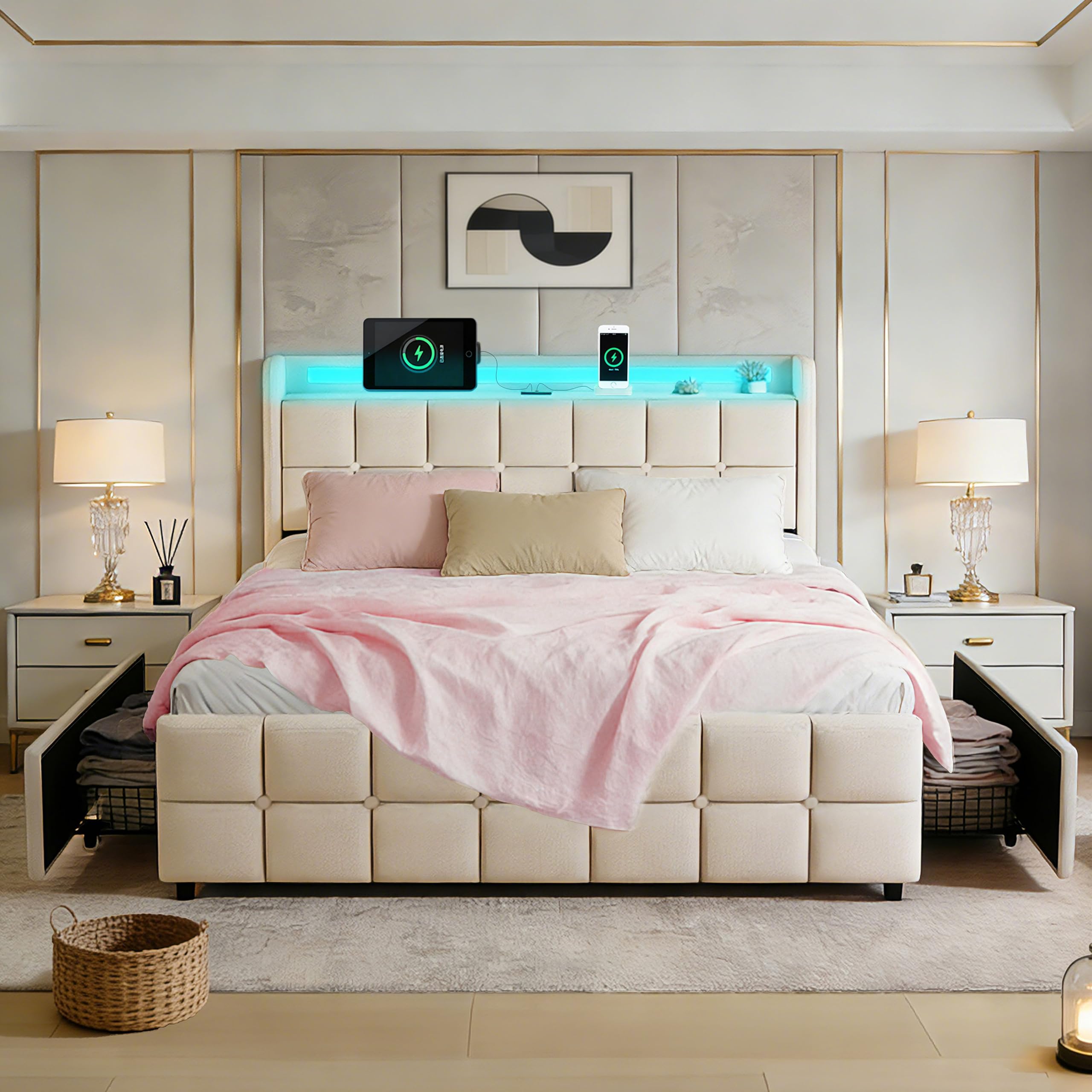 Leinen-Bettgestell 160x200 cm mit AC & USB Anschlüssen, Beige | Ladestation, 4 Schubladen, Polsterbett, LED-Beleuchtung, ohne Matratze, Holzlattenrost
