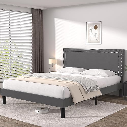 Miniatura 207 de VECELO Base de cama de tamaño matrimonial con cabecera tapizada ajustable, plataforma de listones de madera, diseño sin ruido, fácil montaje Negro
