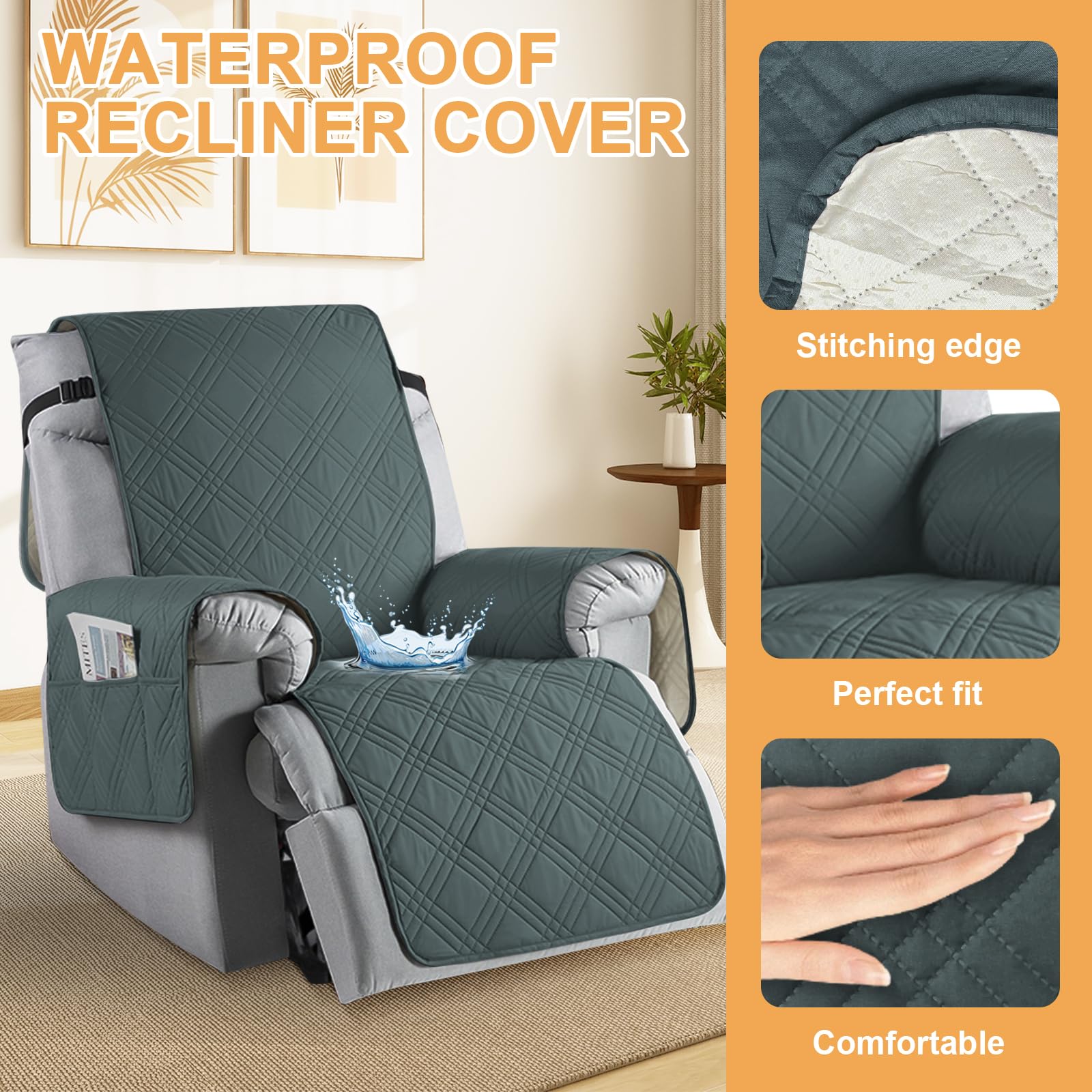 Bcuuozeeing Armchair Cover voor tv, stoelbeschermer voor relaxstoel, fauteuilbeschermer, met zakken, armleuning, waterdicht, antislip, voor kinderen en huisdieren, honden, meubelbescherming