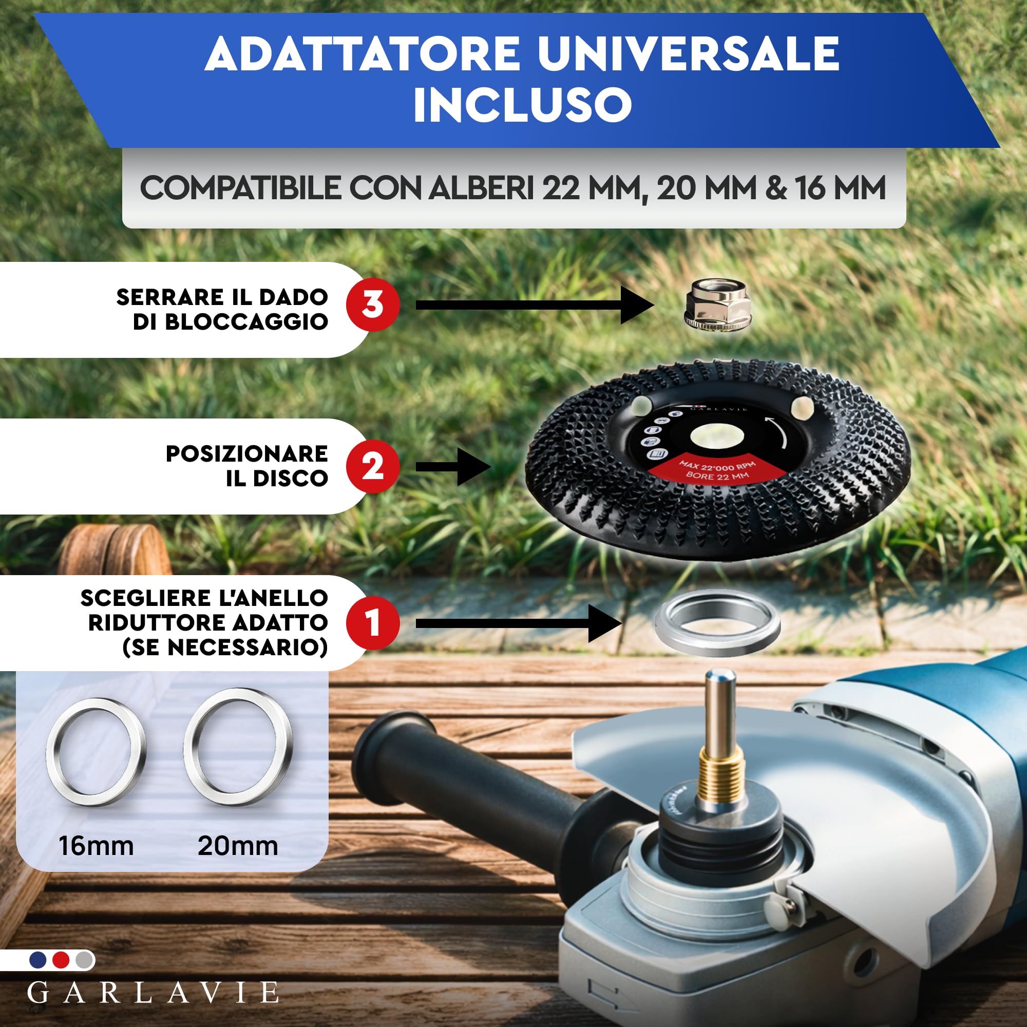 Professionale Disco Legno 115 mm per Smerigliatrice Angolare – Set 4 Pezzi con Raspa, Fresatore, Sagomatura e Fresa Radici