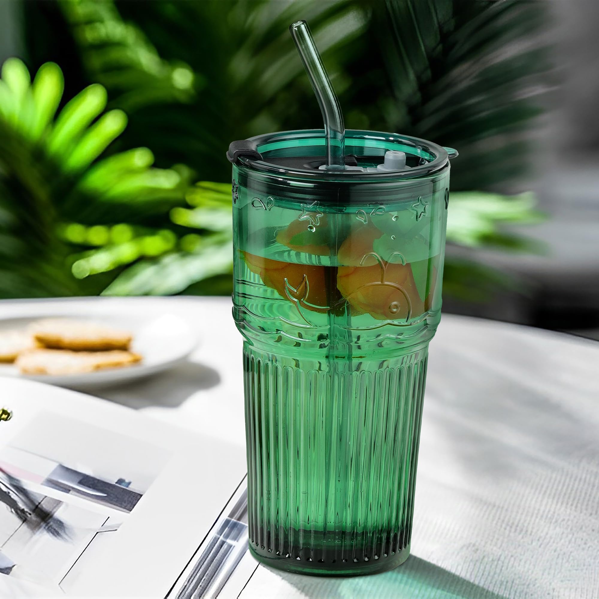 Set 2 Bicchieri In Vetro A Coste 600 Ml Con Coperchio Ermetico E Cannuccia In Vetro, Ideali Per Caffè Freddo, Succhi E Cocktail