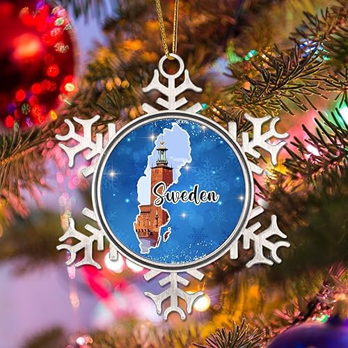Suecia Paisaje urbano Árbol de Navidad Colgante Ornamento Bandera de Suecia Decoración de Navidad Recuerdo Ciudad Recuerdo Regalo Copo de Nieve