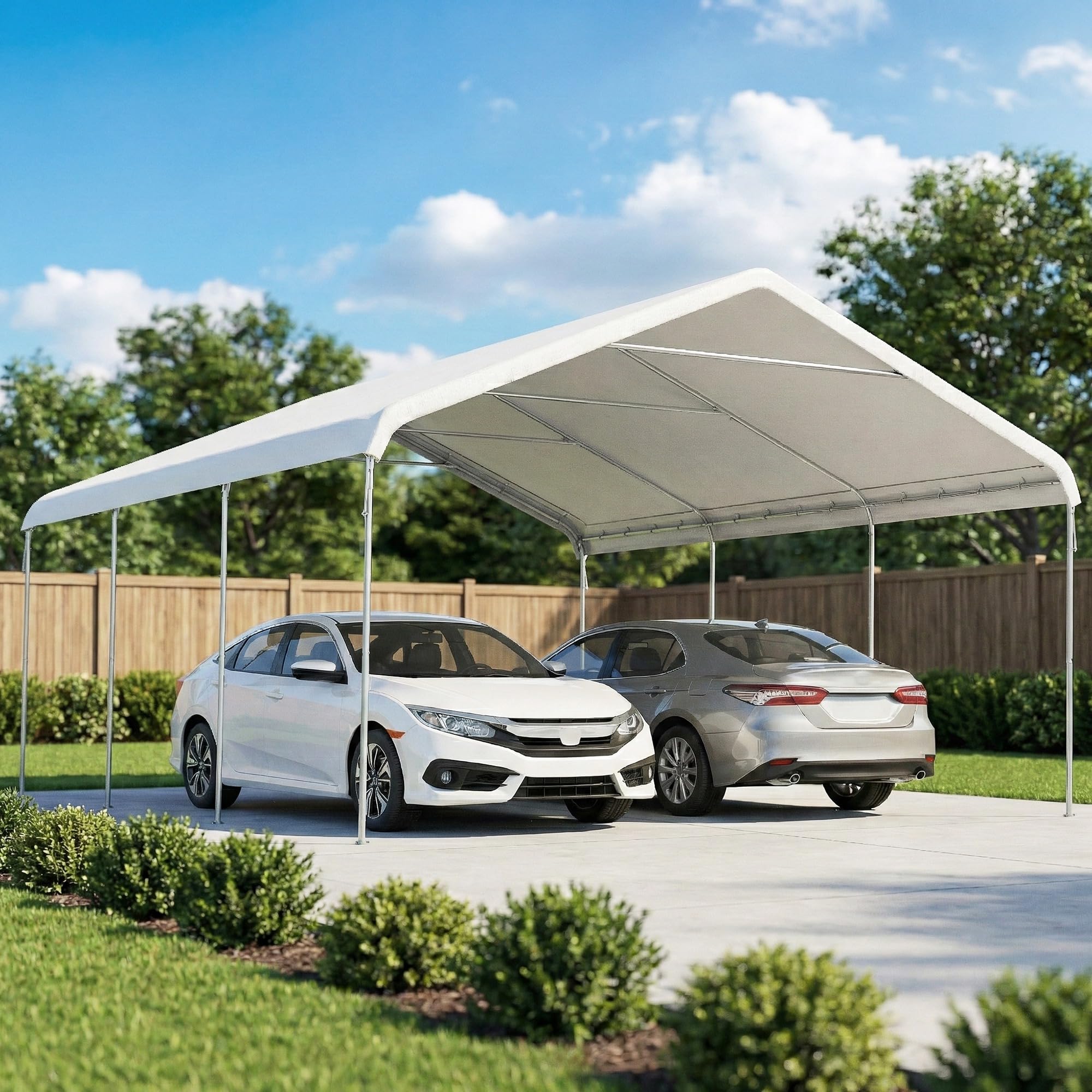 Outsunny Carpa Garaje Portátil 5x6 m Impermeable para Coche Blanco Crema | Estructura de Acero Galvanizado, Toldo Resistente Anti-UV, Garaje Exterior, Cobertizo para Herramientas de Jardín