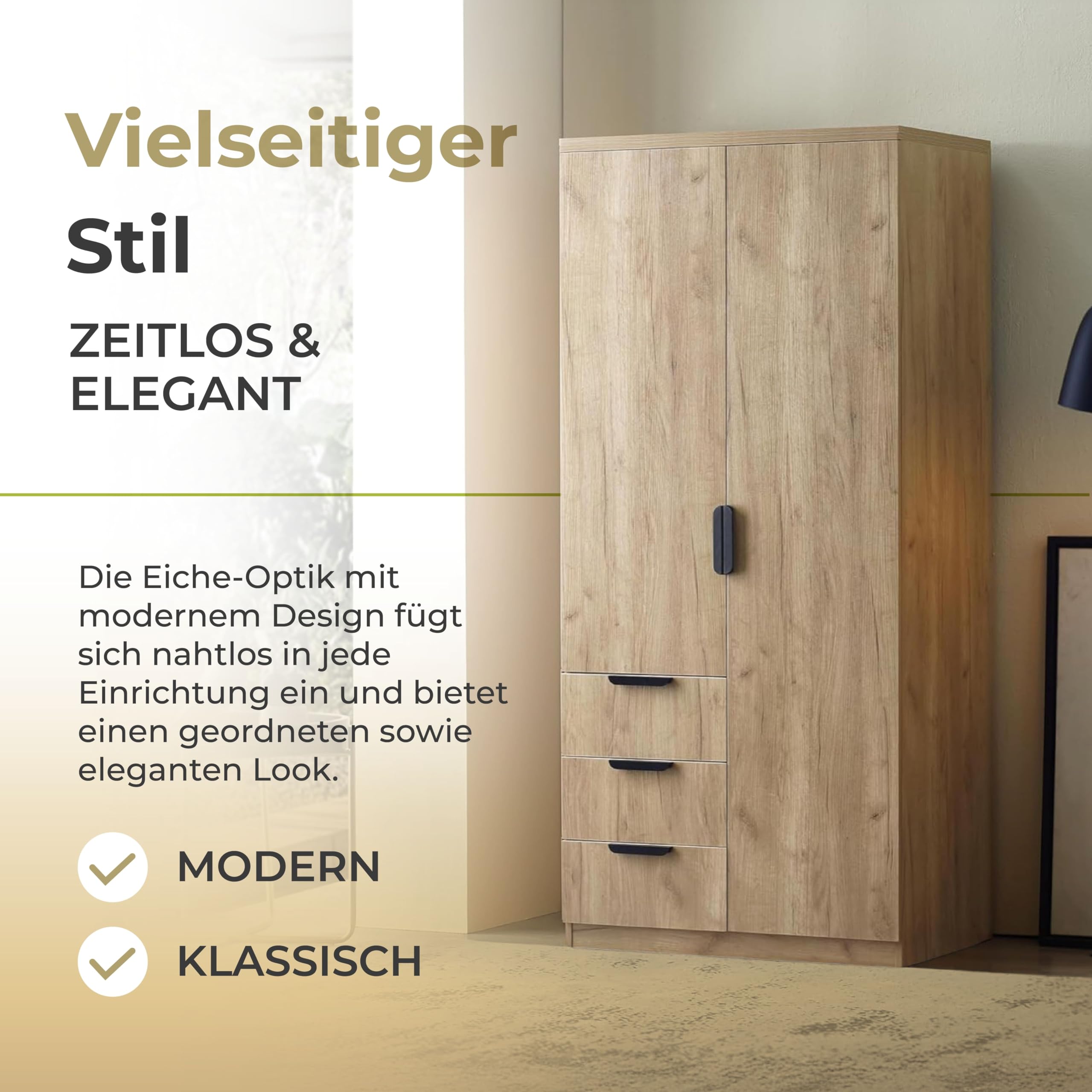 Kleiderschrank Eiselfing mit 2 Türen 176 x 80 x 52 cm Eicheoptik 1 Kleiderstange 4 Fächer 3 Schubladen