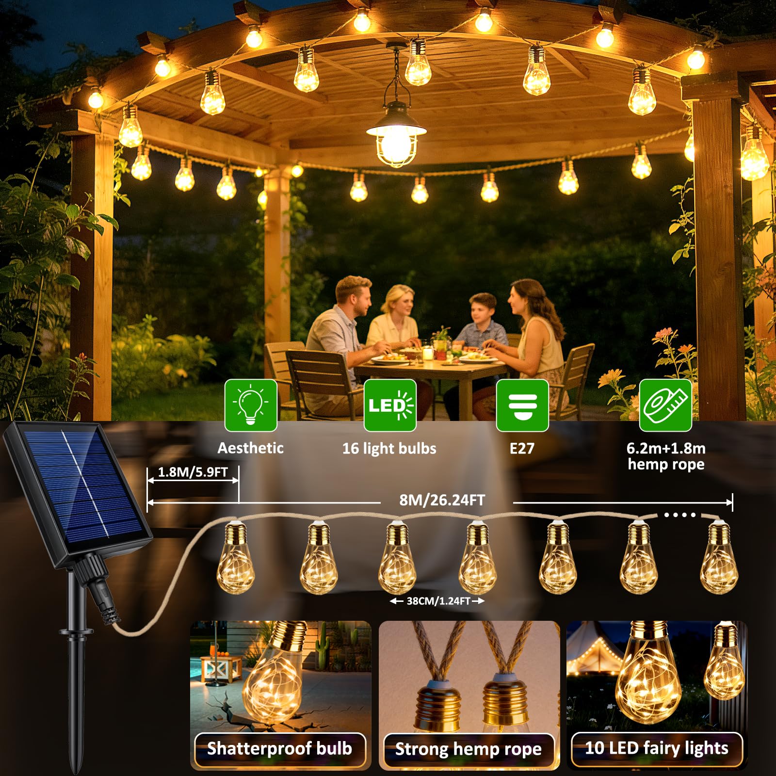 8M Guirnaldas Luces Exterior Solar con Control Remoto, con 16 LED Bombillas, Blanco Cálido, 8 Modos/Impermeables/Regulable/Sincronización, Cadena de Luce para Jardines Terraza, Fiestas, Bodas