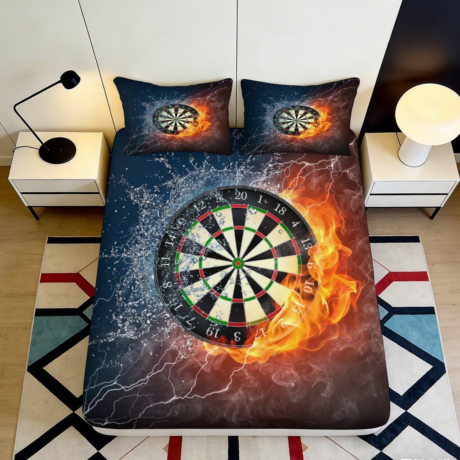 3D Printed Fire Ice Dartboard Fitted Sheet Microfiber Soft Breathable Game Night Bed Cover for Bedroom Decor 90x200x25cm