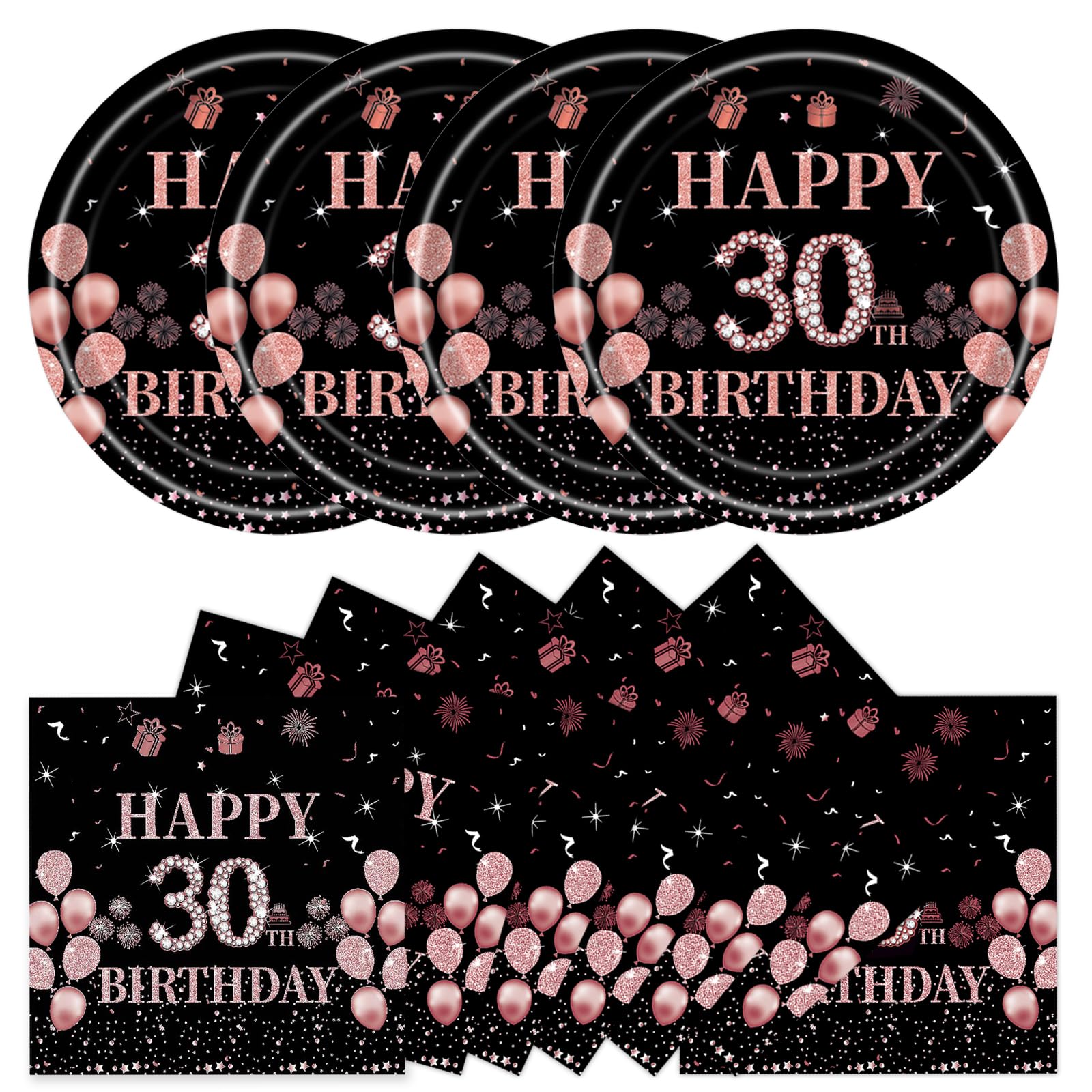 DHAIQC 50 Pcs 30th Party Supplies Birthday Paper Plates and Napkins, 7 Inch Black Rose Gold 30th Birthday Plates Napkins Tableware Set for Men Women Cheers to 50 Years Decorations (30th)