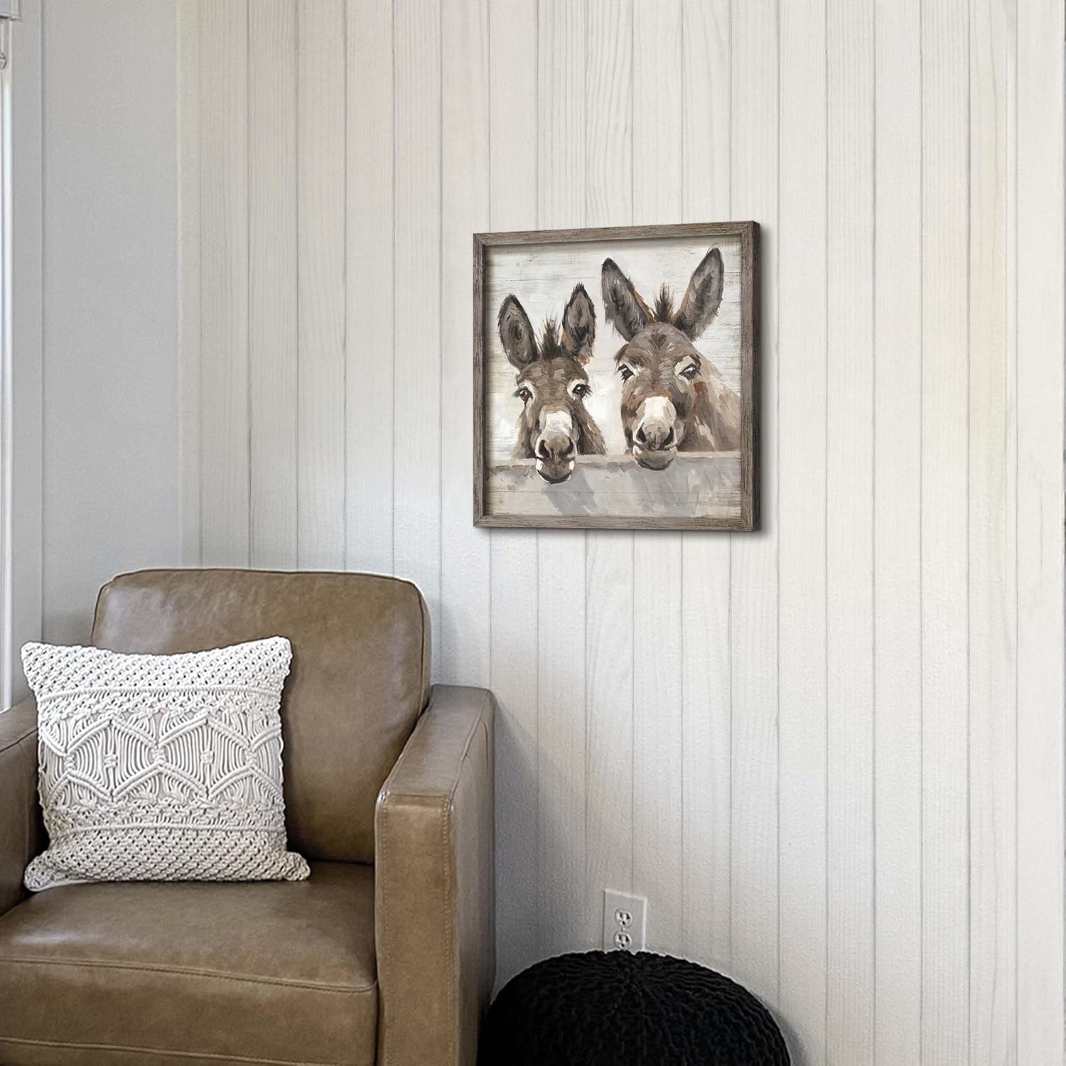 Farmhouse Rustic Donkey Wall Art: Cute Animal Wooden Framed Bathroom Prints Artwork Farm Picture Decor Cute Animal Portrait Painting Wall Decor for Nursery Bedroom Home Office 16” x 16”