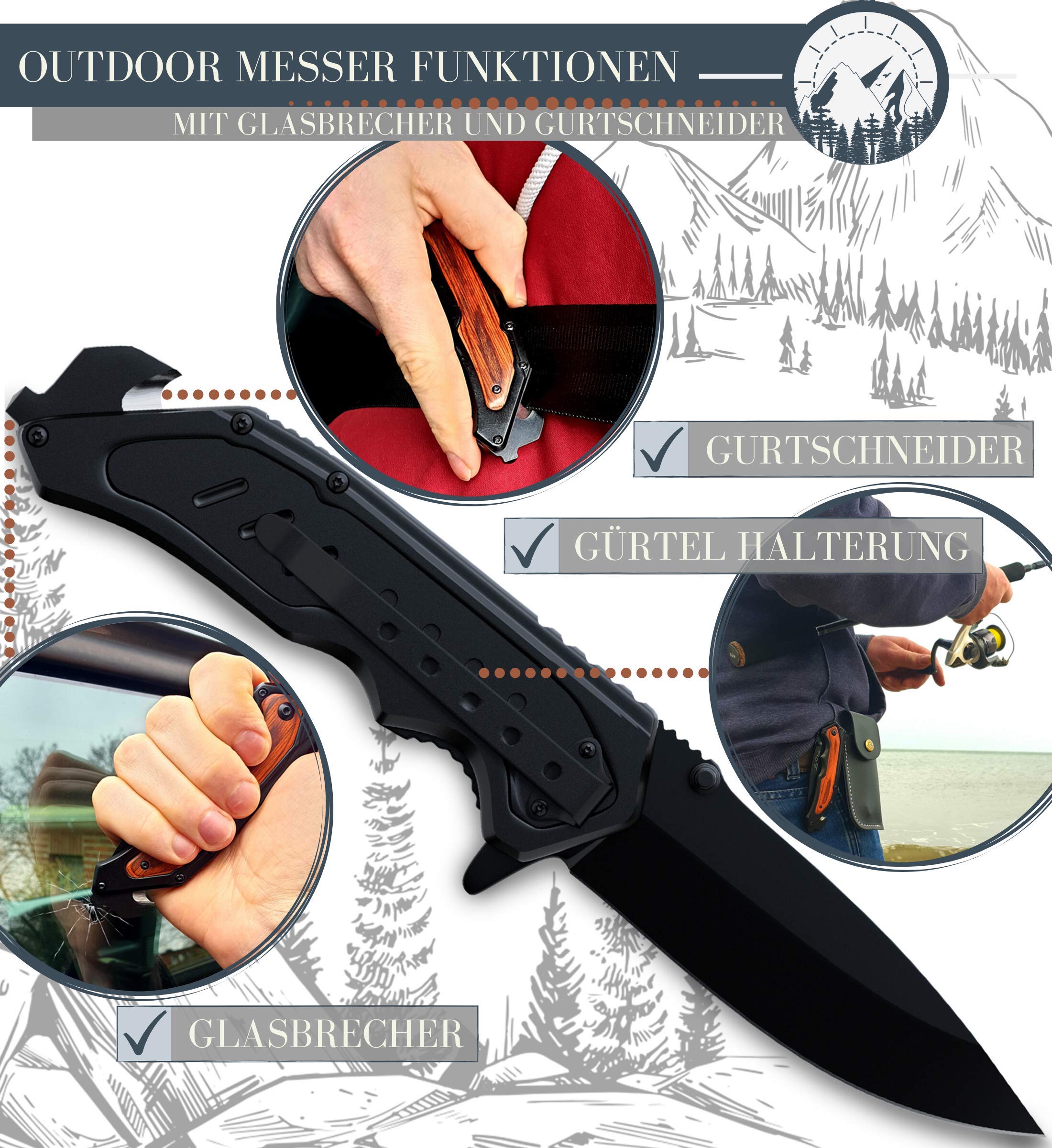 Le Flair® Outdoor Messer - Einhandmesser Taschenmesser mit 8,5cm Edelstahl Titanklinge - Survivalmesser mit Korrosionsschutz - Bushcraft Messer inkl. Messerschärfer und Magnetbox - Klappmesser