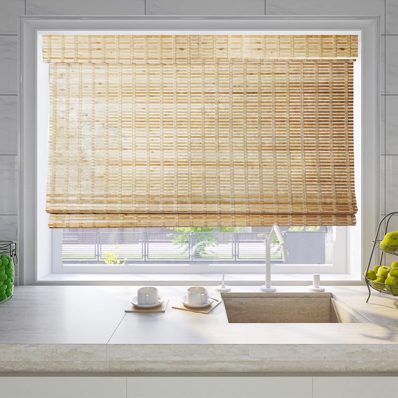 LETAU Outdoor Wood Window Shades Waterproof, Bamboo Roman Blinds Block Sun for Home, Patio, Kitchen, Pattern 1