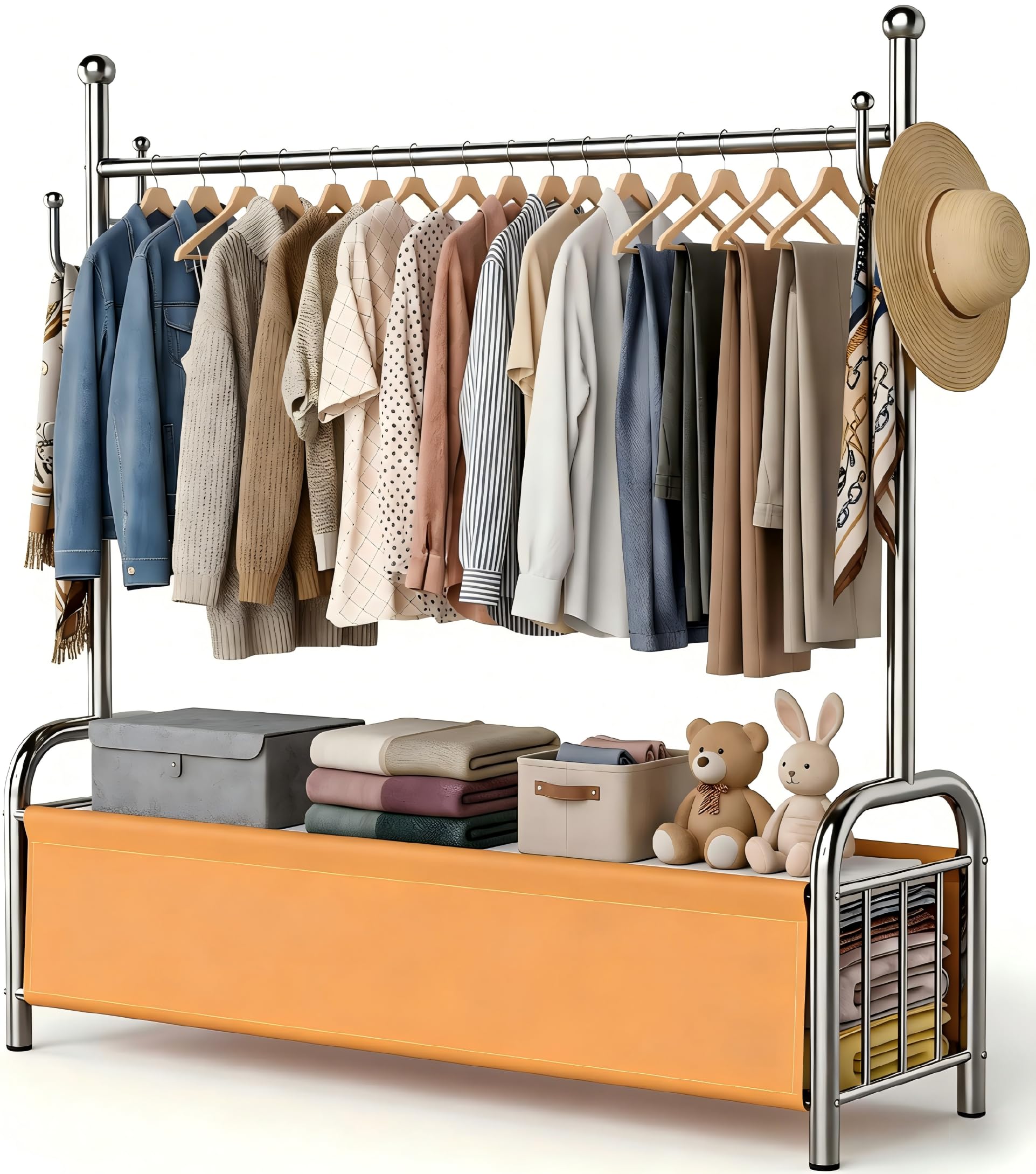 Appendiabiti da Terra in Acciaio Inox, Stand Appendiabiti con Cestino Portaoggetti in Pelle, 115 kg, Porta Abiti Stabile, Attaccapanni, Porta Vestiti da Camera, Organizzazione Casa