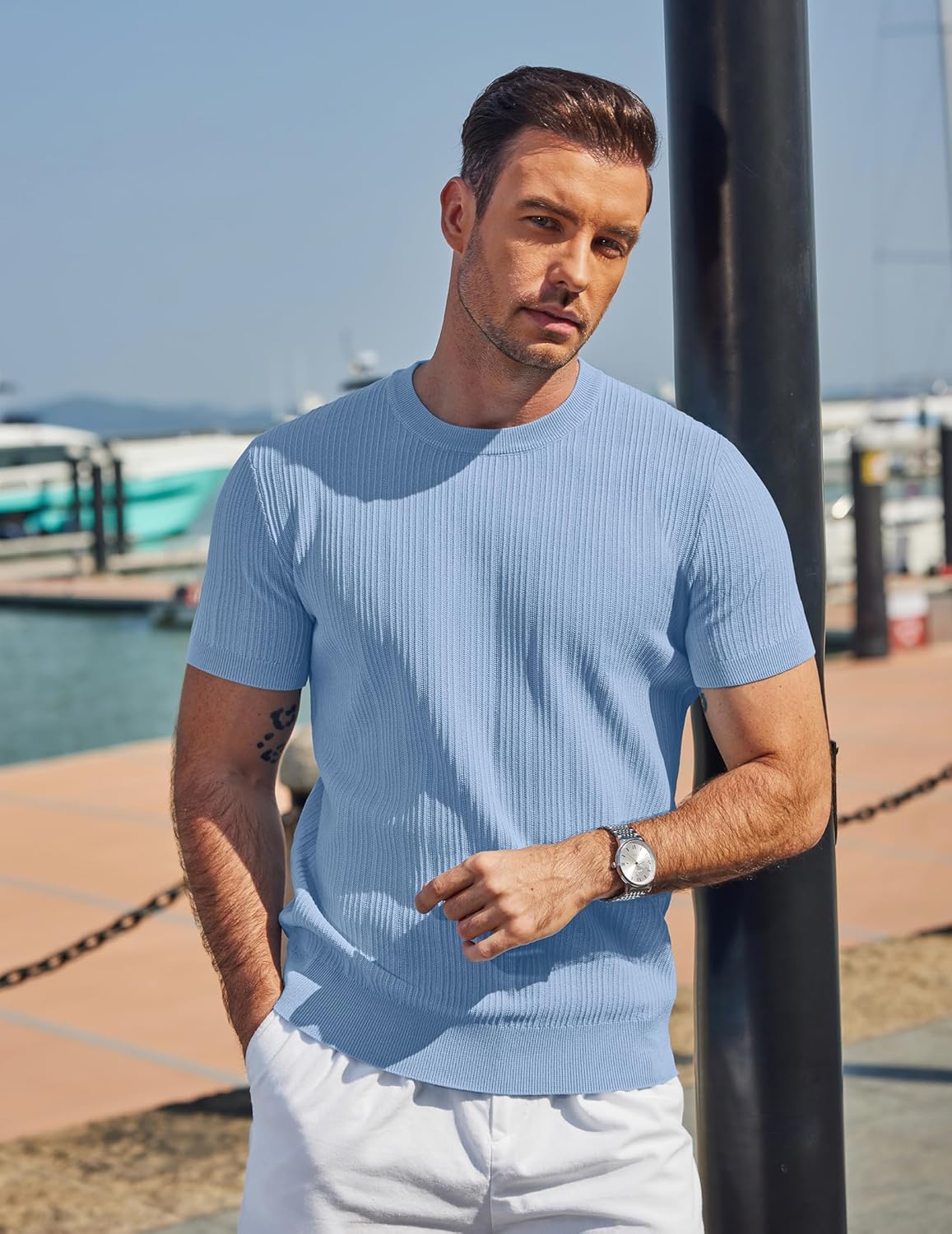 COOFANDY Men's T-Shirts Short Sleeve Knit Shirts Casual Crewneck Ribbed Dress Tee Shirt - Image 3