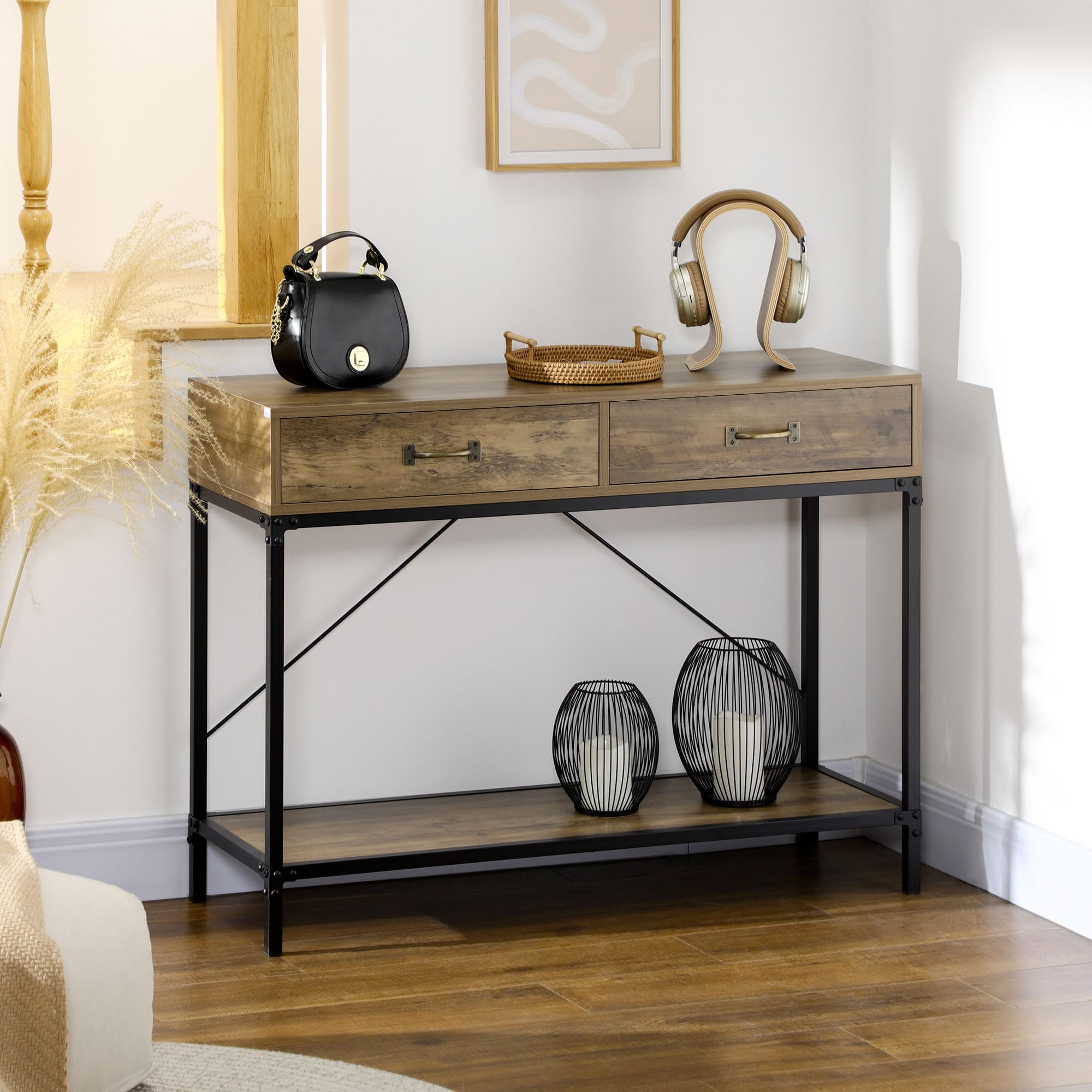 HOMCOM Mesa de Consola Industrial con 2 Cajones y Estante, Marrón y Negro | Mesa de Sofá, Consola Recibidor, Patas de Metal, para Salón, Pasillo, Entrada