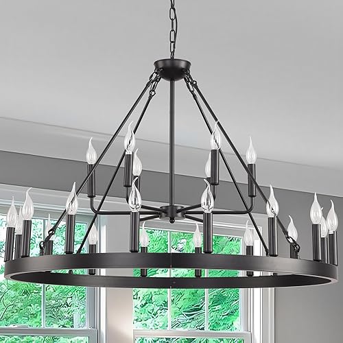 Candelabro negro de 2 niveles de 40 pulgadas, 30 luces, redondo, grande, industrial, colgante industrial, moderno, para porche, techos altos, para