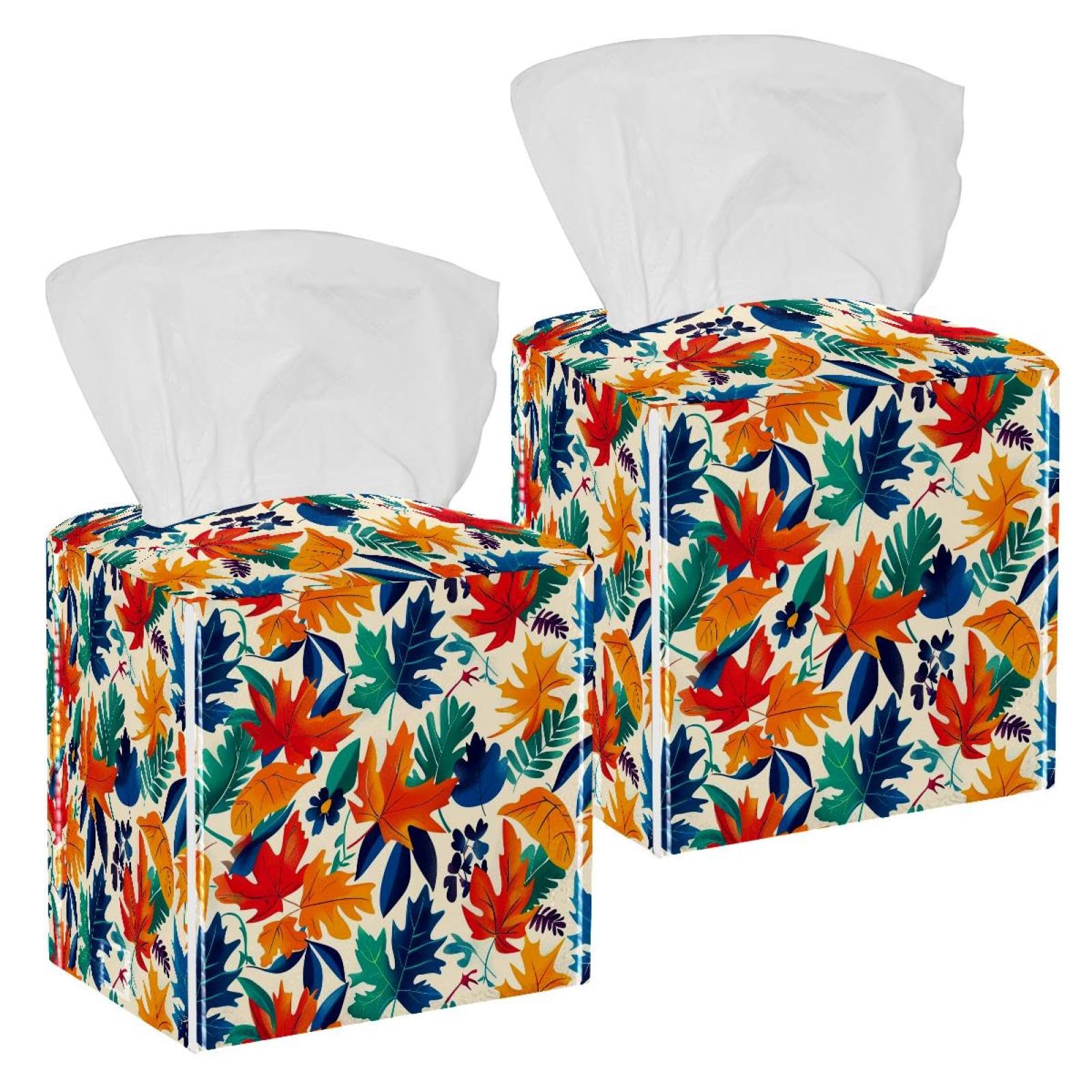 Colorful Maple Leaf Tissue Box Cover, 2 Pack PU Leather Square Facial Tissue Dispenser Box holder for Home Office Car