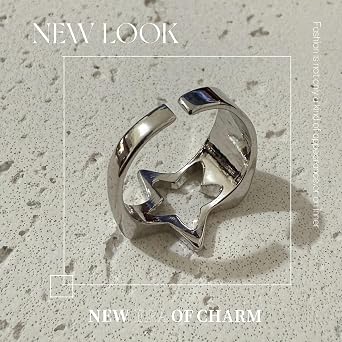 Hollow Star Ring for Women,Vintage Silver Gothic Geometric Open Adjustable Stackable Finger Knuckle Rings,Metal Hollow Simple Star Shaped Grunge Band Y2K Statement Chunky Ring