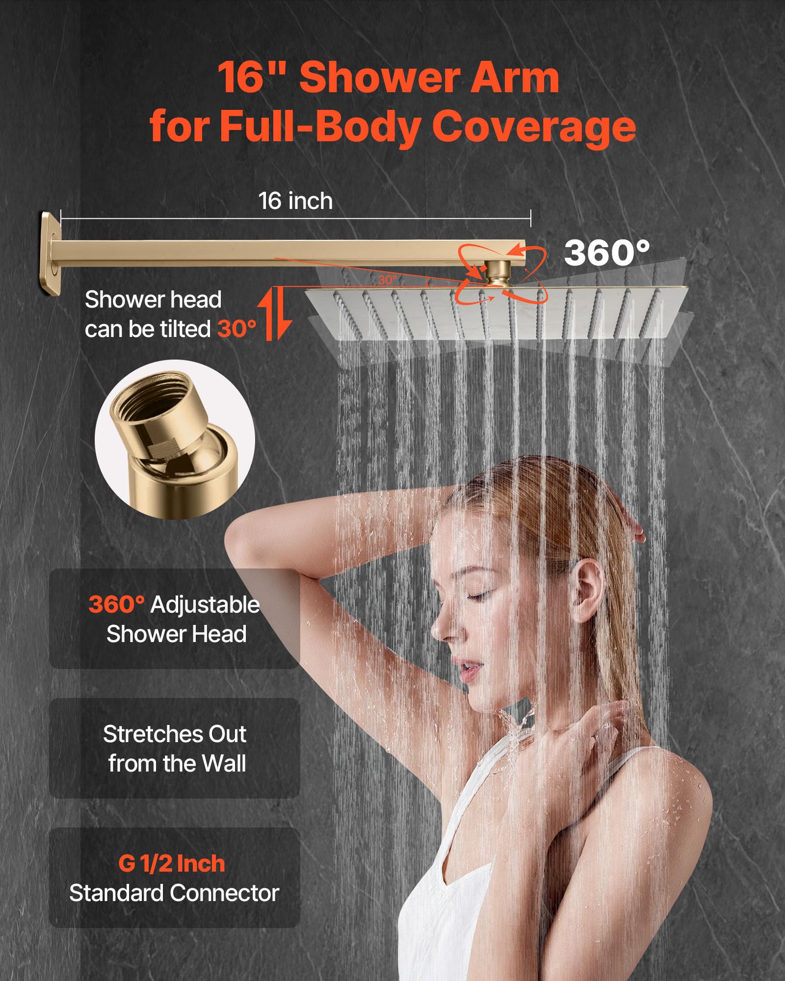 VEVOR Set Doccia, Sistema Doccia a Pioggia per Bagno con Soffione Quadrato da 30,5 cm e Doccetta, Accessori per Vasca da Parete con Valvola in Ottone e Kit di Finitura, Oro Spazzolato