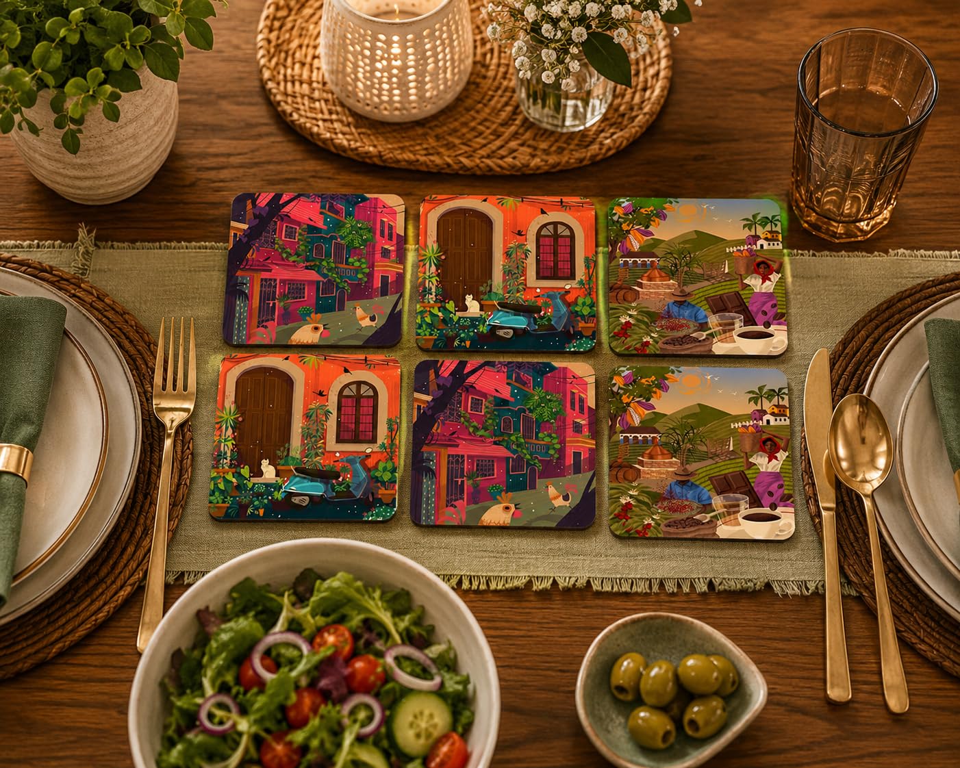 Tajnan Premium Coasters Set of 6 | Shining Glossy Print Wooden Table Coasters | Artistic Indian Streets & Coffee Culture Design | Heat & Water Resistant Home Décor-image-8