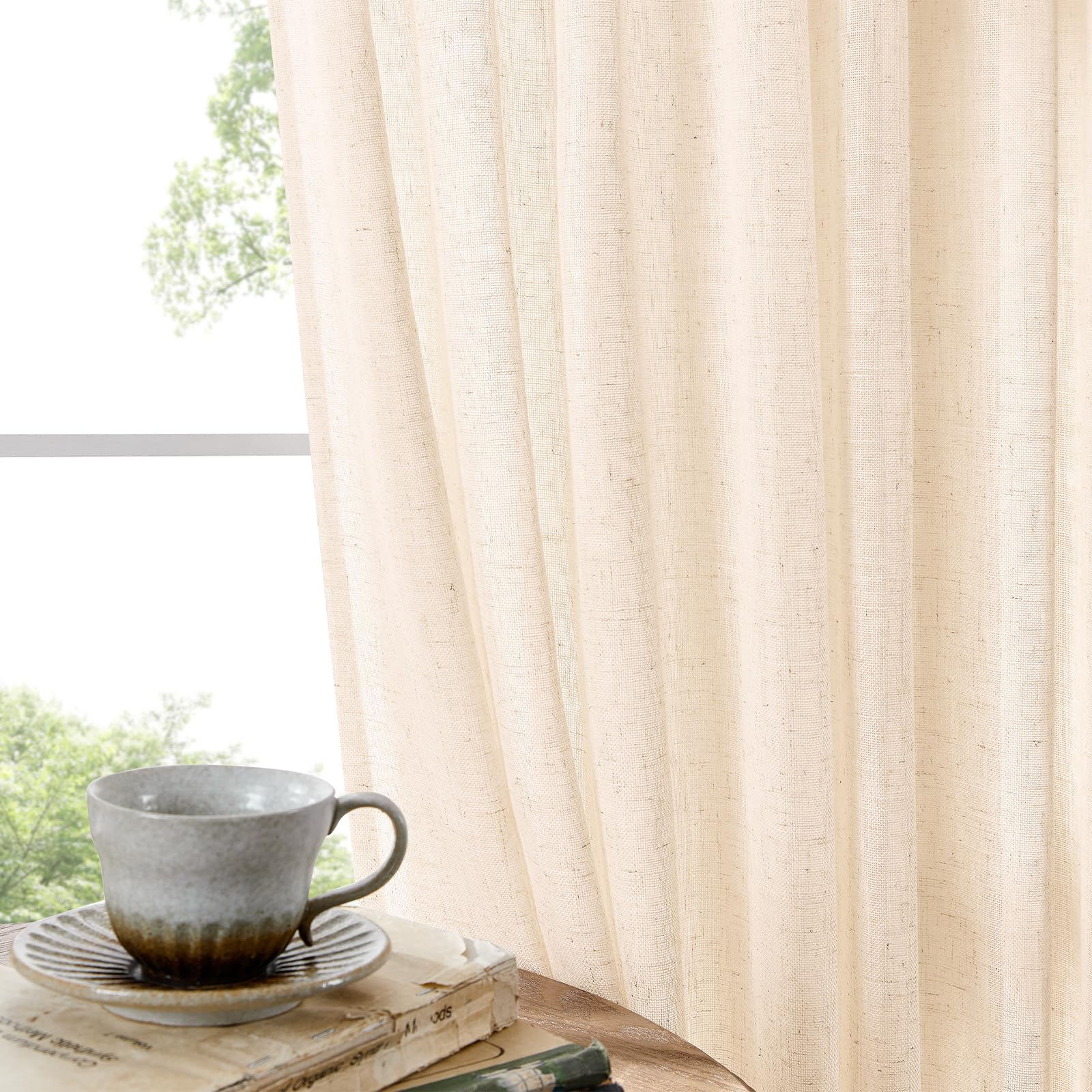 Joydeco Rideau Voilage Lin Semi-Transparent à Oeillets 132x225cm 2 Panneaux, Voilages Beiges pour Décoration Fenêtre de Salon Chambre Bureau et Protection de la Vie Privée