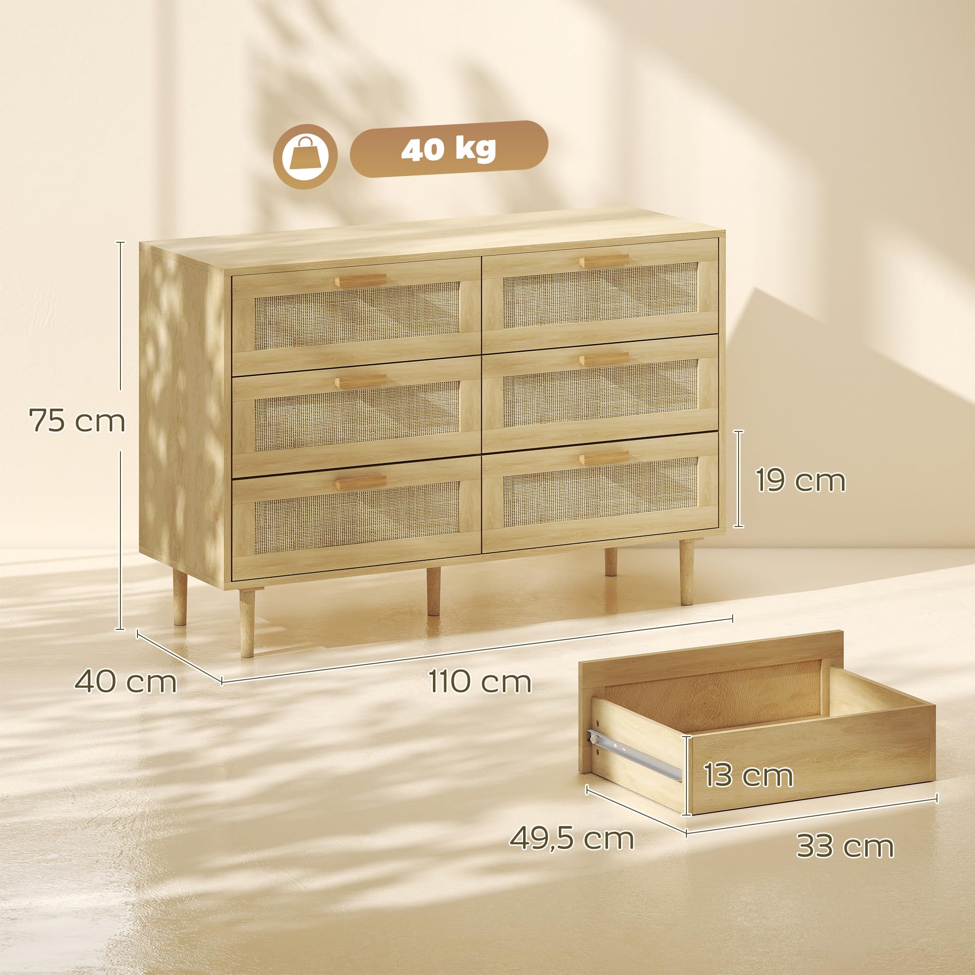 HOMCOM Cómoda 6 Cajones con Frontal de Ratán Dormitorio 110x40x75 cm Roble | Patas de Madera, Cajonera para Salón, Oficina, Estilo Bohemio
