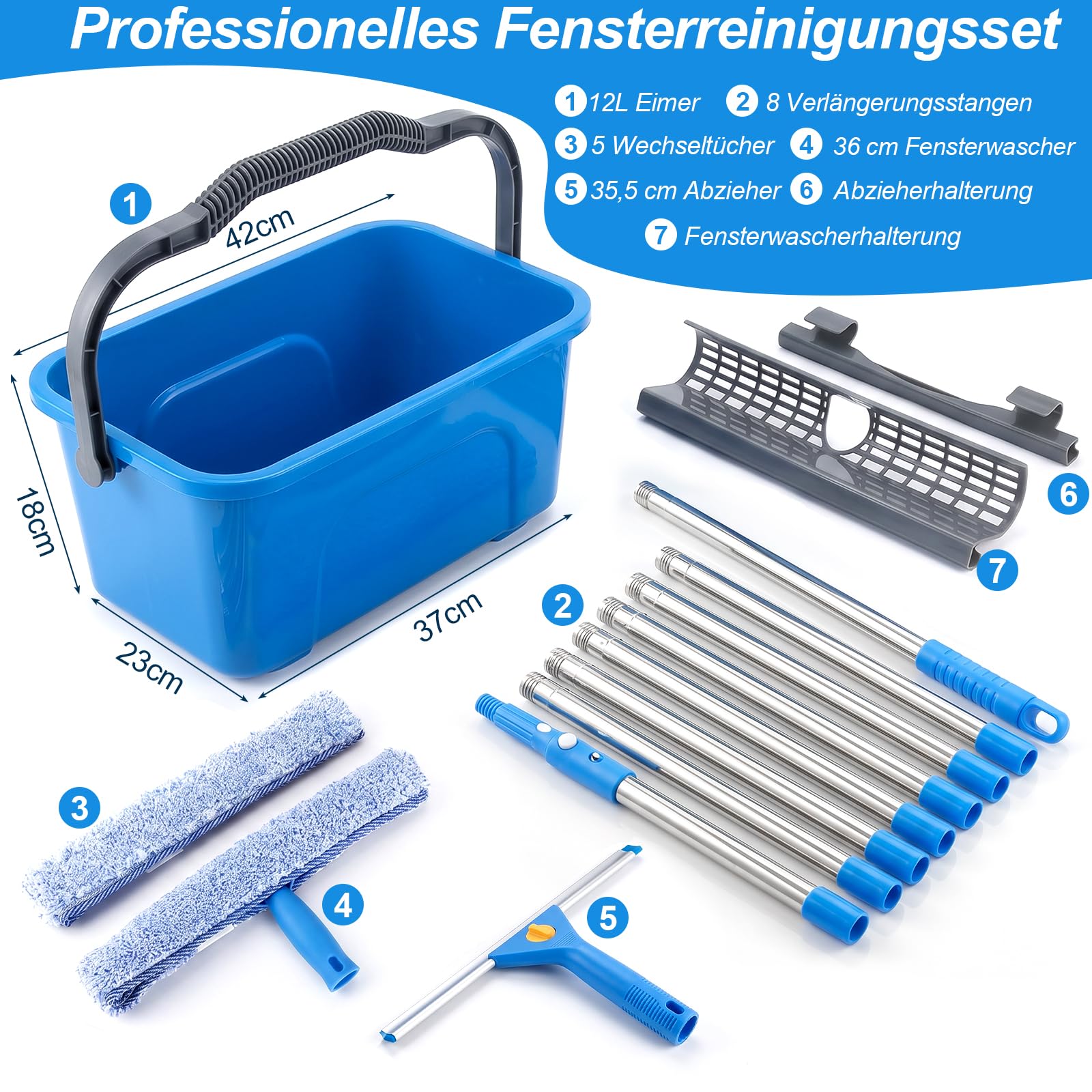 Fensterputzer Set, 3,25m Profi Teleskopstange Fensterreinigung mit Fensterputzeimer 12L, Fensterreiniger Set mit 35,5CM Fensterwischer, Fenster Reinigungsset für Haus, Fenster, Glas, Auto, Outdoor