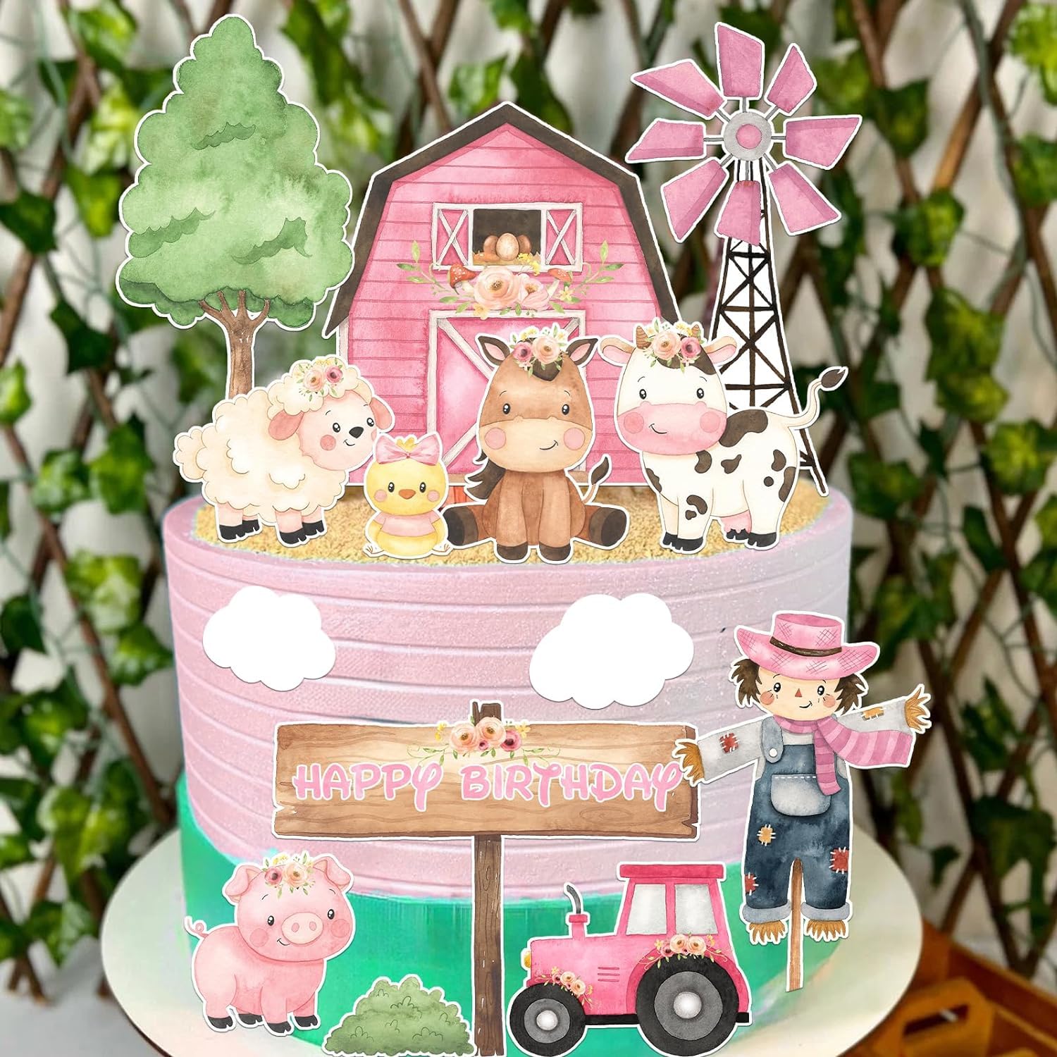 Rosa Bauernhof-Tier Kuchen-Topper – Set Mit Kuh, Schwein & Mehr Für Baby-Shower & Kindergeburtstag
