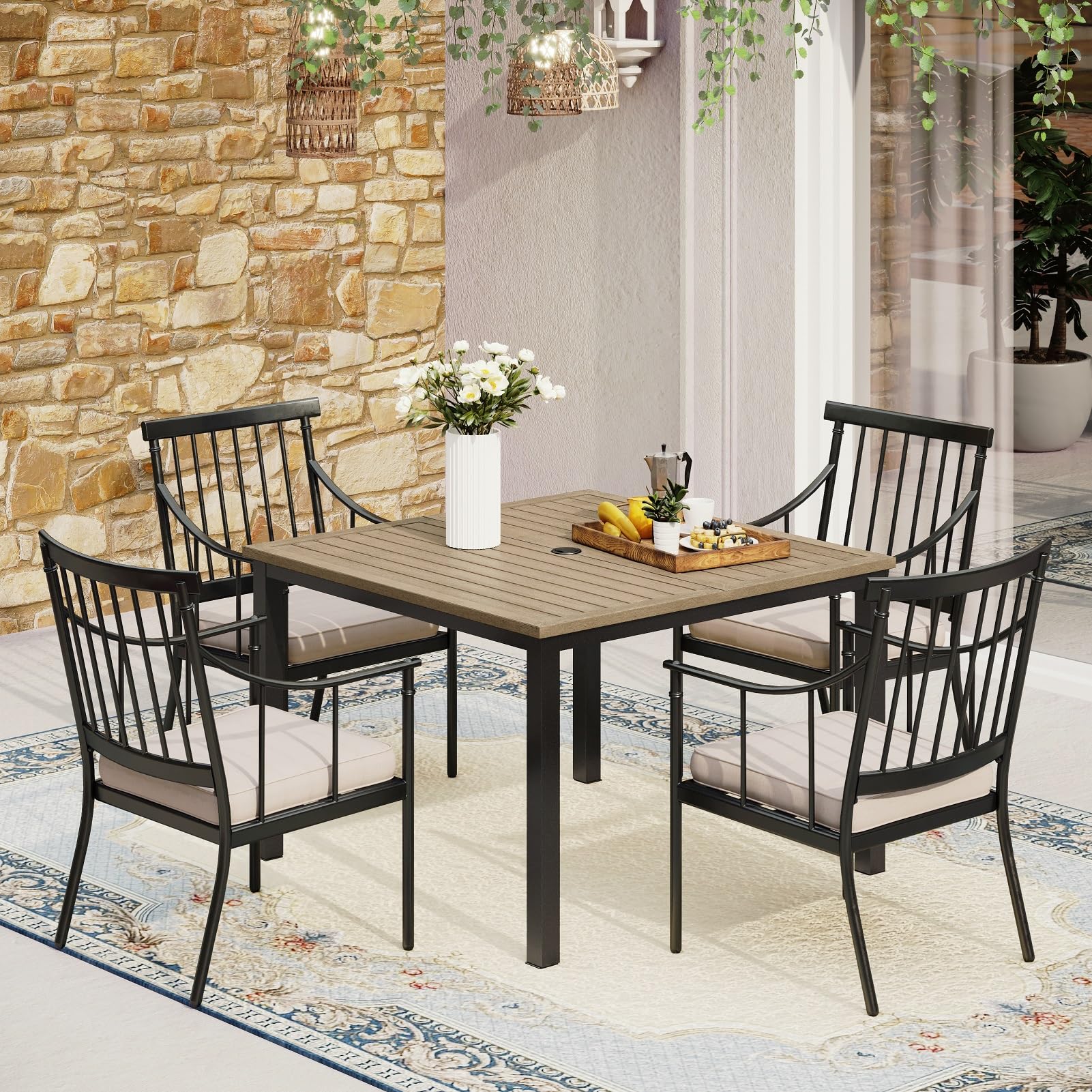 MFSTUDIO 5-Piece Patio Dining Set with 42-inch square table and four chairs with cushions