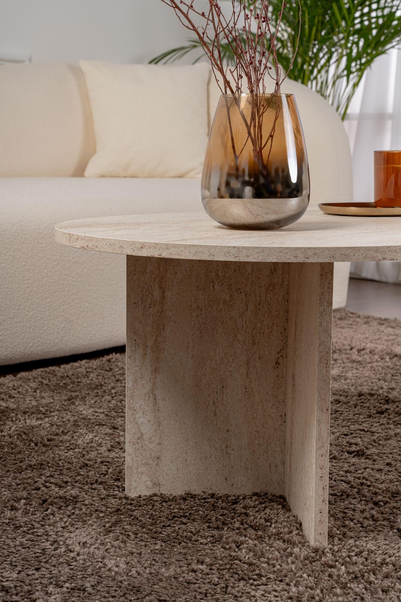 Eleganter Couchtisch, Travertine-Farbe, 119 x 39,8 x 60 cm | 100% melaminbeschichtete Spanplatte, 18 mm Stärke | stilvolles Marmordesign für Moderne Wohnräume