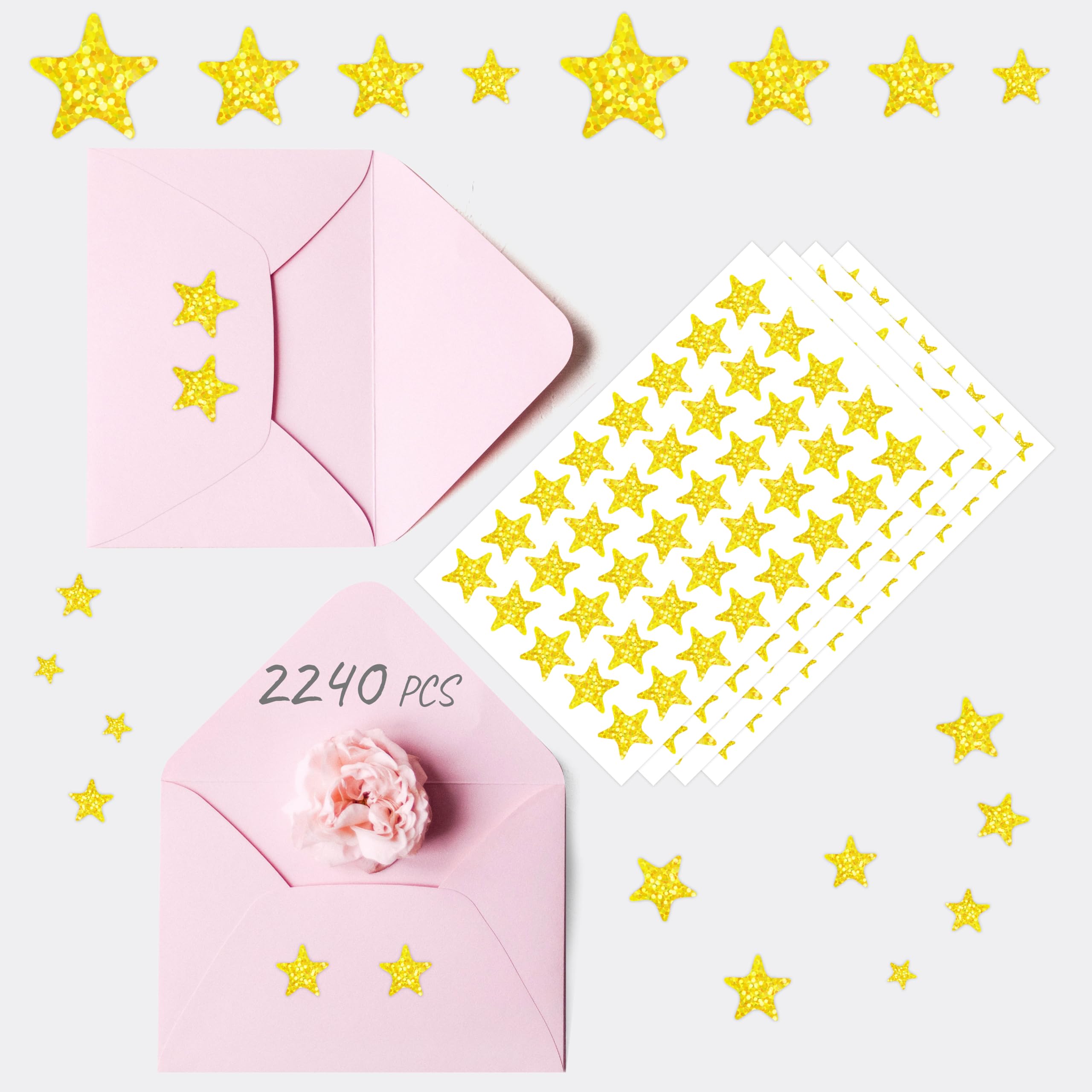 2240 PCS Sparkly Gold Star Stickers, 0.4”/0.6”/0.7”/0.9” Metallic Golden Star Stickers Water/Tear Resistant Self Adhesive Reward Stickers for Kids, Students, Teachers, Decoration Supplies (40 Sheets)