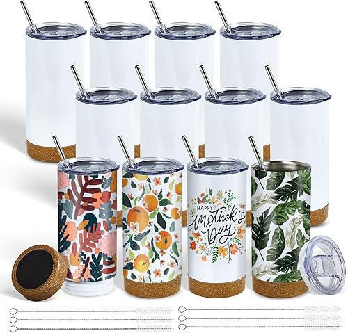 PlanetFlame Paquete de 12 vasos de sublimación aislados de 17 onzas a granel, vasos de doble pared de acero inoxidable con base de silicona y corcho