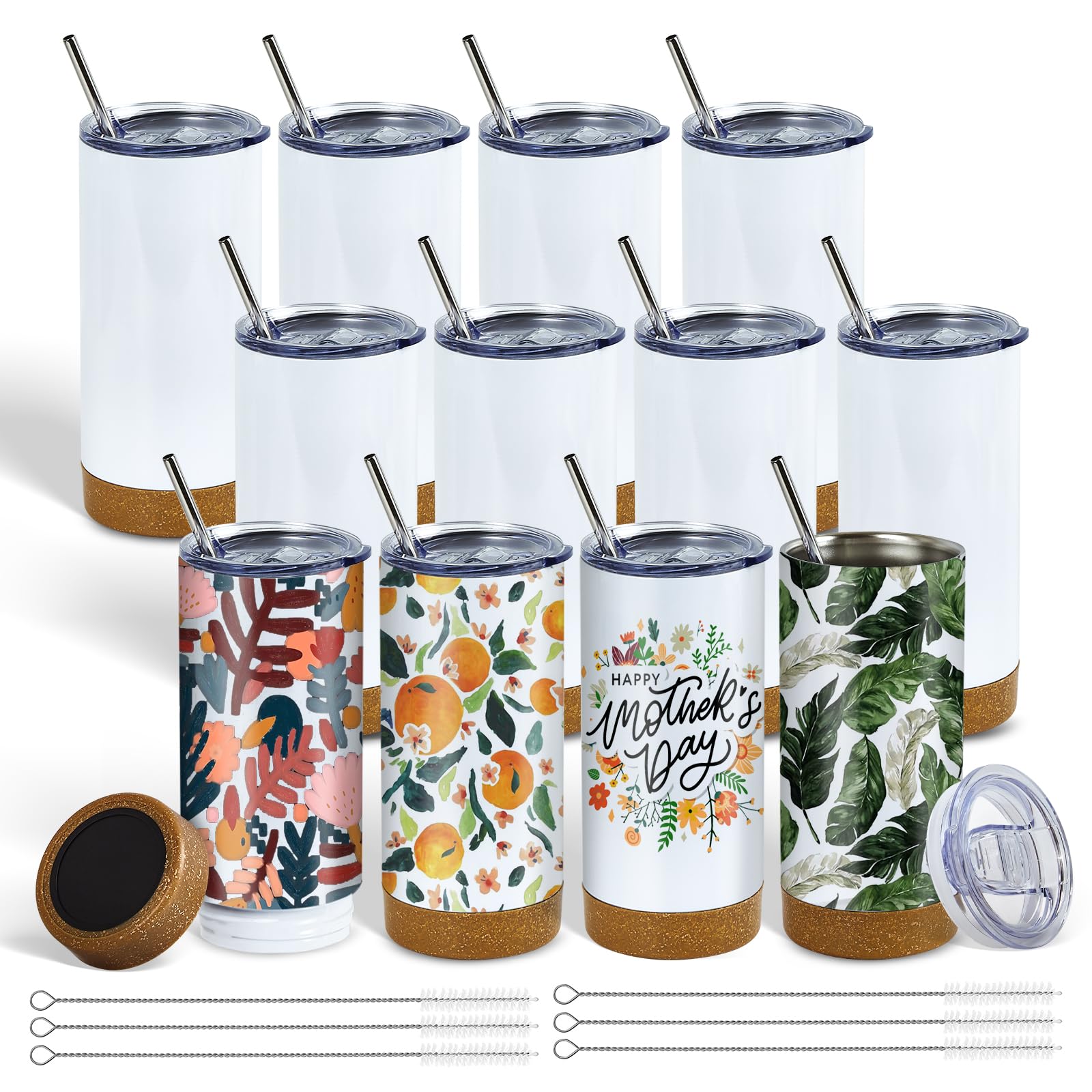 PlanetFlame 12 Pack 17 oz Insulated Sublimation Tumbler Bulk, Stainless Steel Double Wall Cups with Cork Silicone Base & Lid & Metal Straw, White