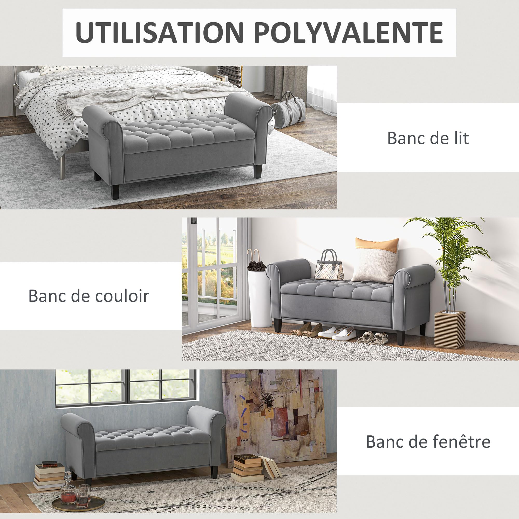 HOMCOM Banc de Rangement Bout de Lit avec Accoudoirs 126x48,5x57 cm Gris | Coffre de Rangement, Tissu Velours Rembourré et Capitonné, Charge jusqu'à 220 kg, pour Salon, Chambre, Entrée