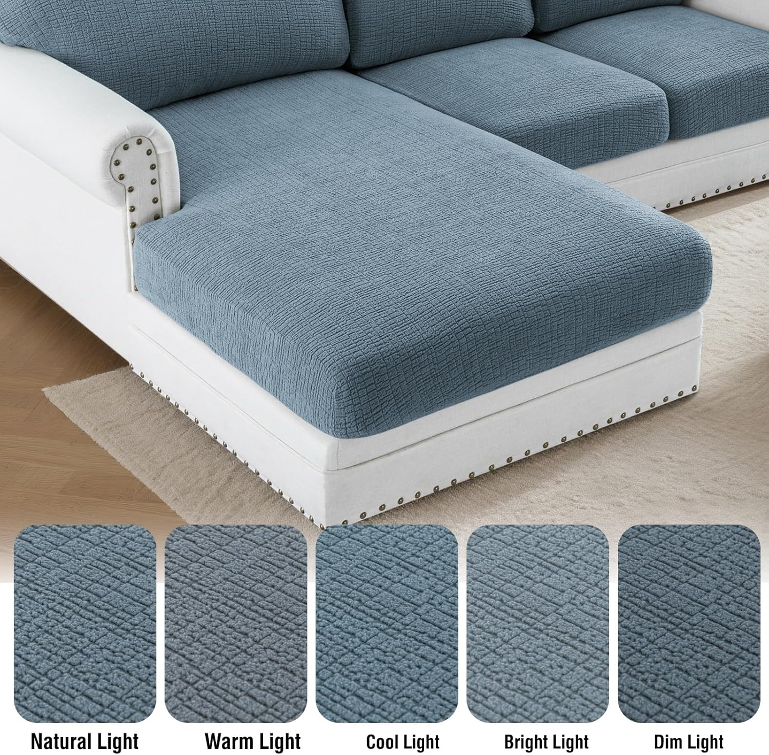 H.VERSAILTEX Super Stretch Individual Jacquard Couch Cushion Covers Furniture Protector Spandex Anti-Slip Soft Thickened Slipcovers Easy Install, (1 PC, Chaise Couch Cover, Stone Blue)