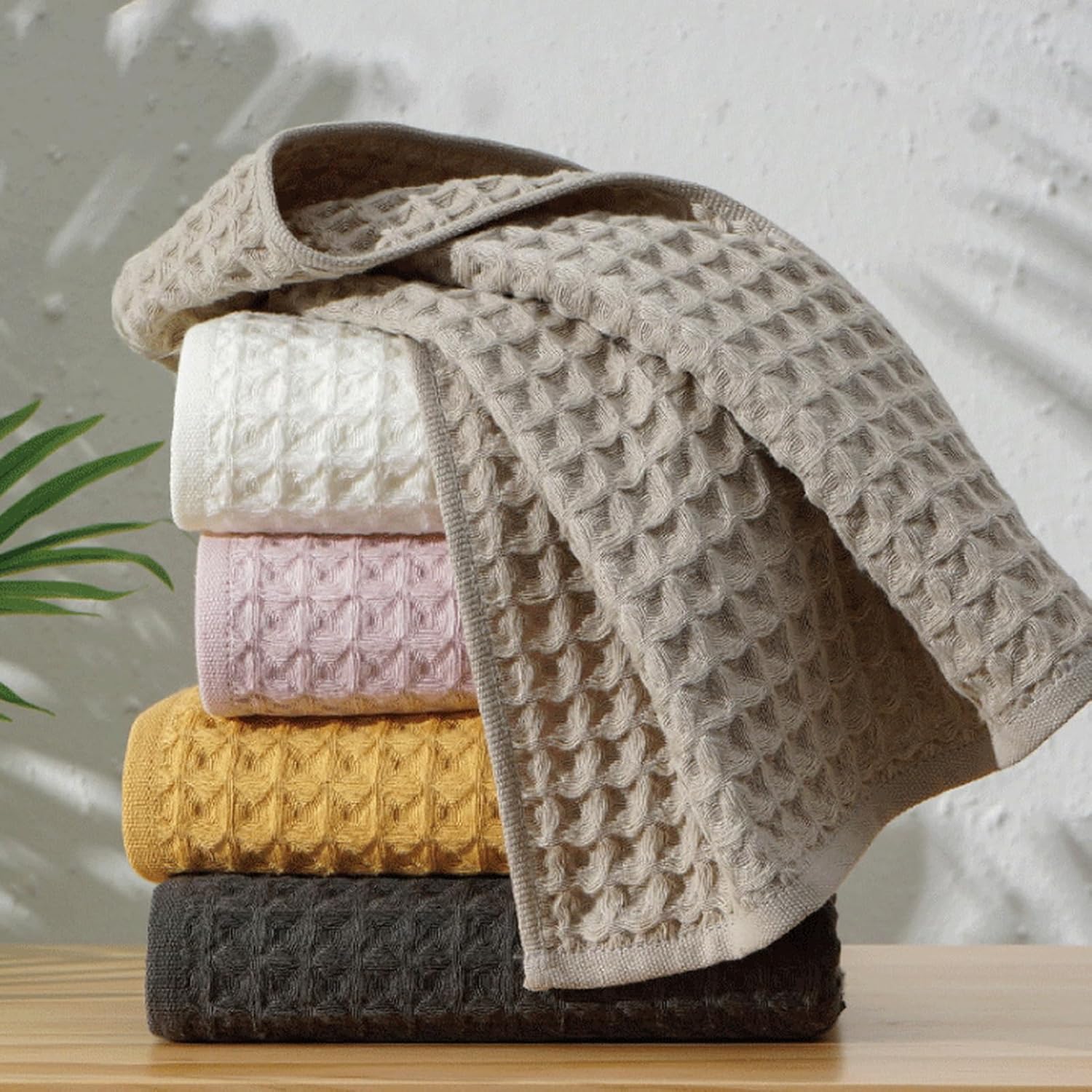 SK Studio 6 Piece Bath Towel Set, Cotton Hotel Large Waffle Towels Absorbent Quick Dry - 2 Bath, 2 Hand, 2 Washcloths for Spa Pink Bathroom - Image 6