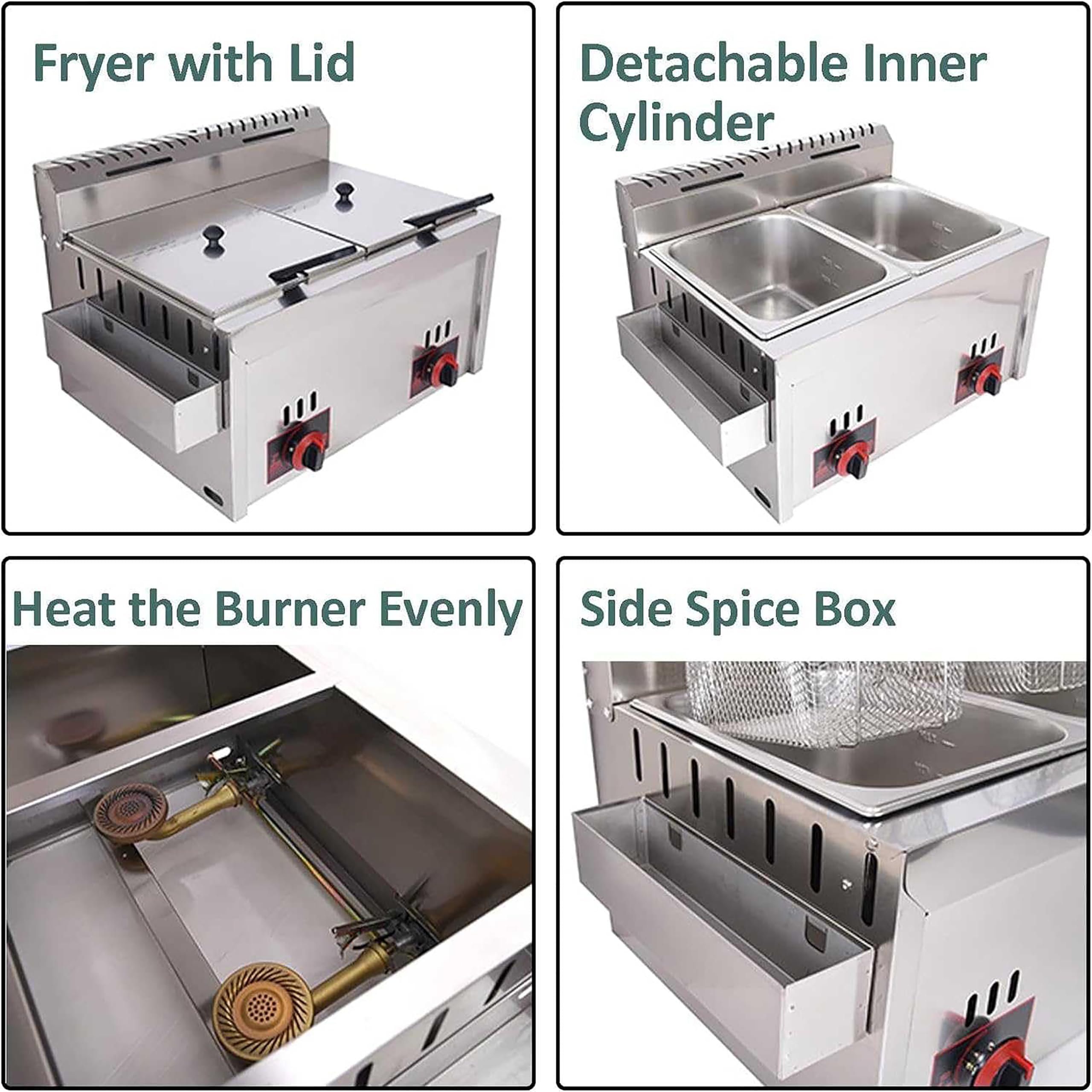 Freidora de Gas Comercial, de Doble Cilindro, de Acero Inoxidable Apto para Uso alimentario con Control de Temperatura, Adecuada Tanto para Cocina doméstica como Comercial.