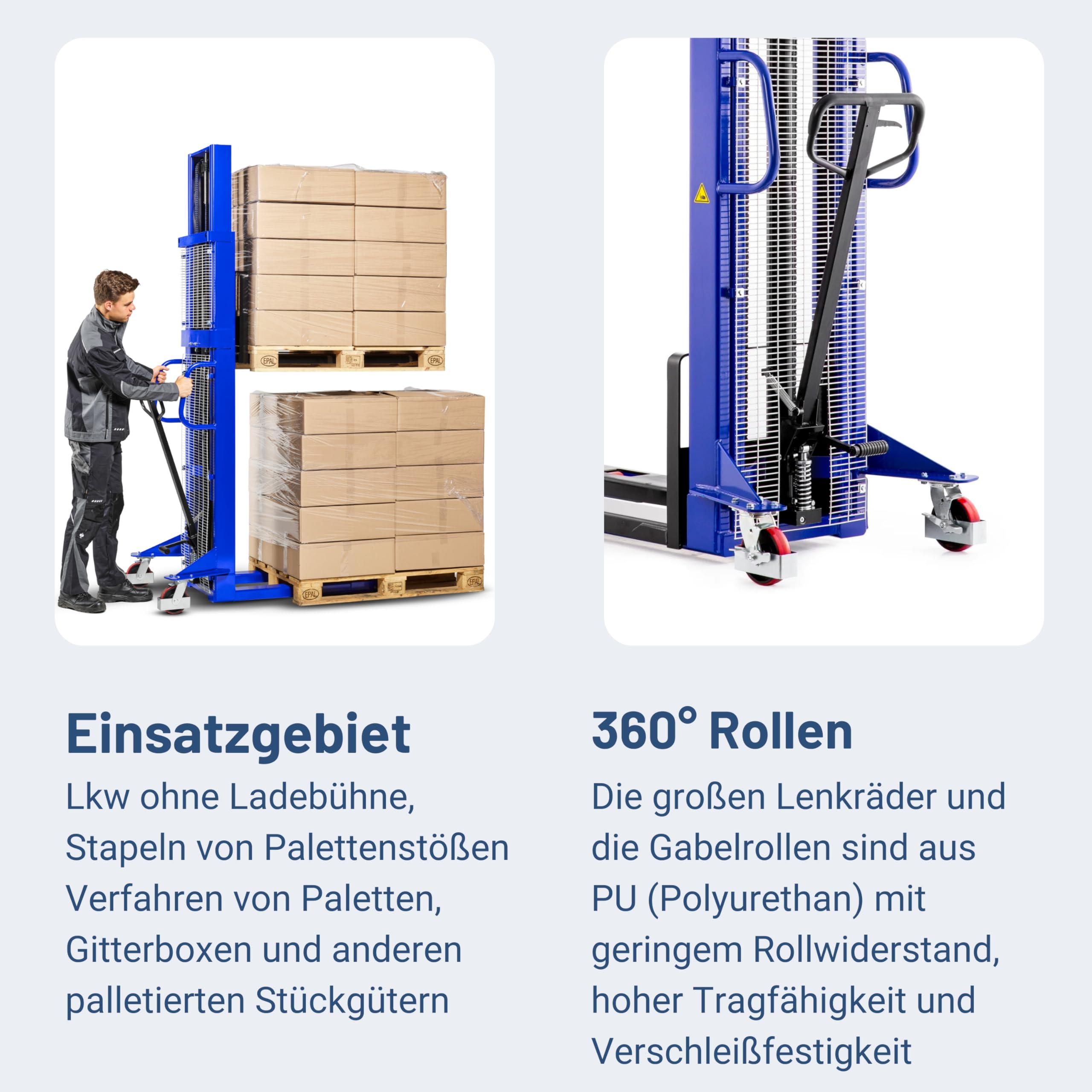 Pallit Hochhubwagen manuell 1200mm Hubhöhe 1500kg Tragkraft Lift-S PU Rollen Flexibler & Wendiger Manueller Handstapler Hubwagen Hydraulik-Stapler schnellhub