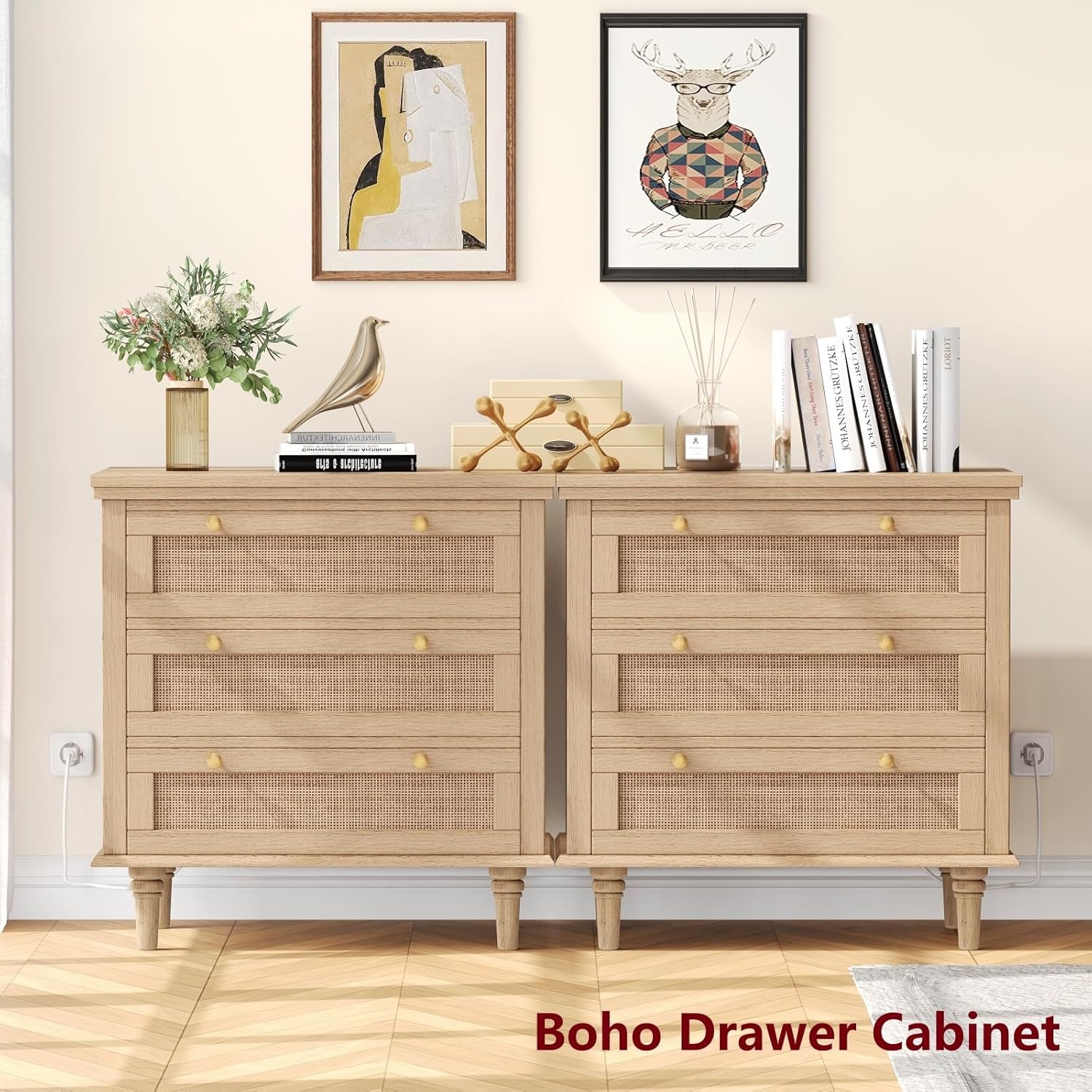 Irontar Rattan Nightstand with Charging Station, 27.6" Wide Bedside Table with 3 Large Drawers, Wooden End Table with Solid Wood Legs for Bedroom, Dorm, Natural BZZ011ME