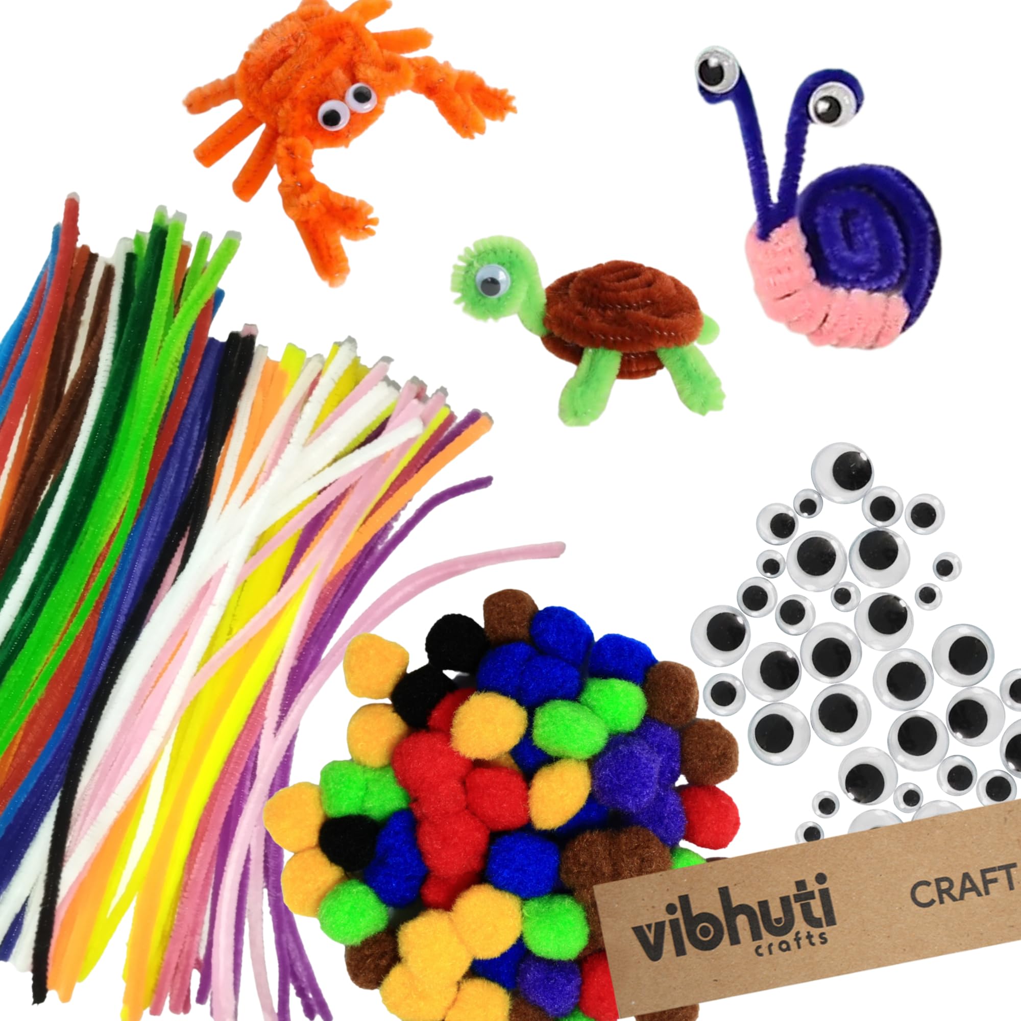 IEIDidactics Vibhuti Crafts Bundle (50 pcs of Pipe Cleaners, Pompom, Googly Eye)- Creative Supplies for DIY Projects and Art Activities