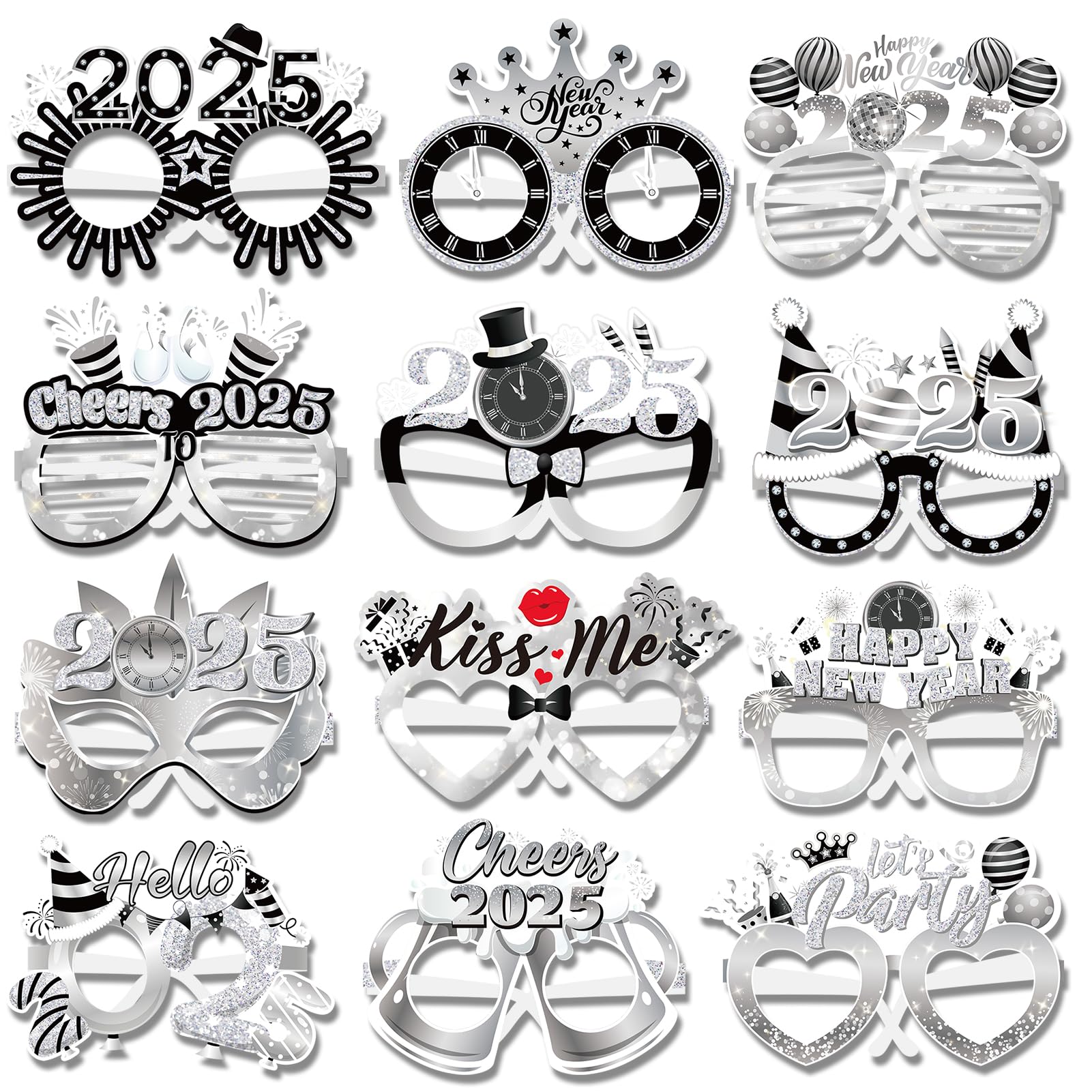 HOWAF24pcs Black Silver New Year Glasses, Happy New Year Paper Eyeglasses for 2025 New Year Eve Party Supplies, Silver New Year Photo Booth Props Eyewear, Fancy New Year Party Glasses for 2025 NYE