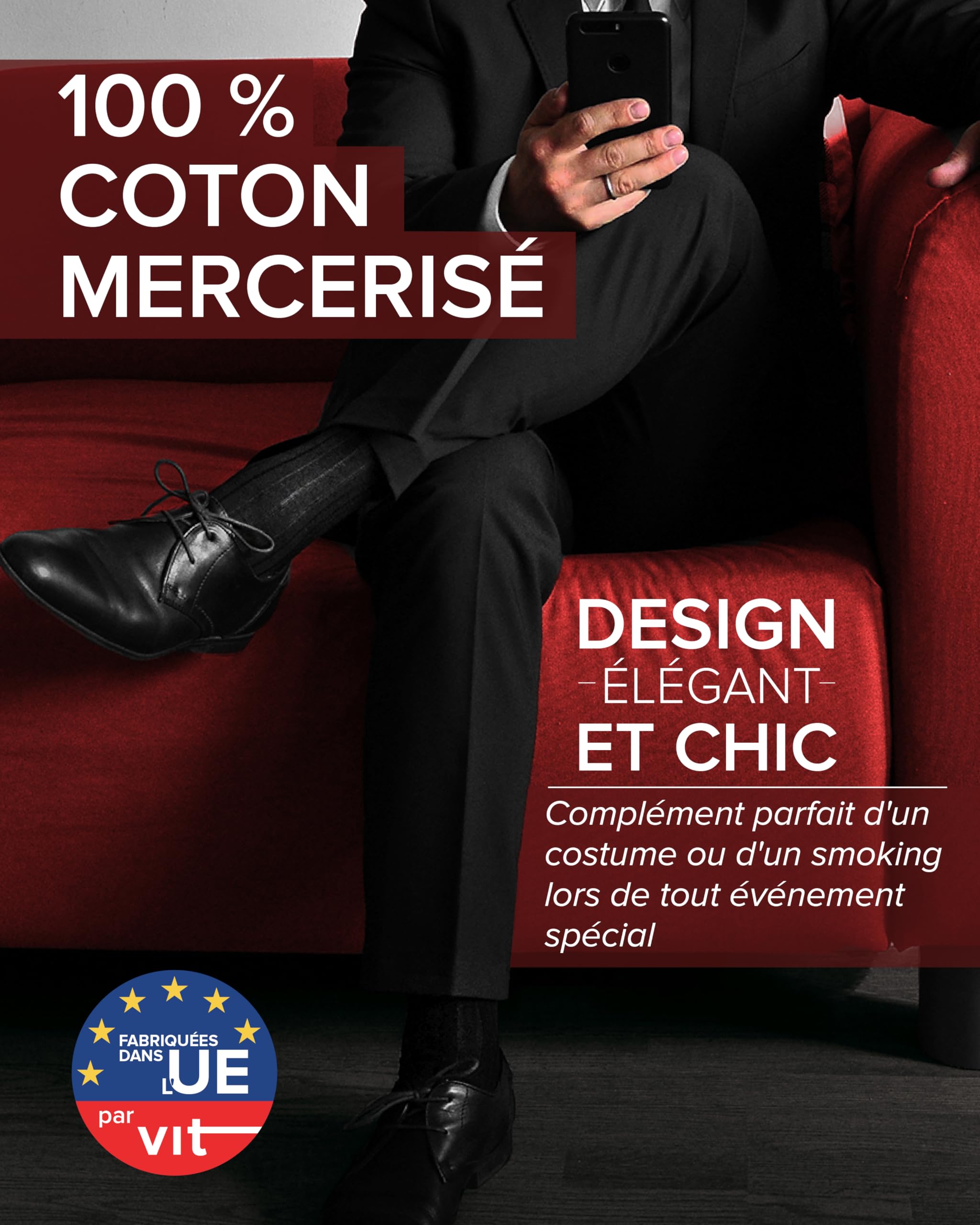 vitsocks Chaussette haute élégante 100% COTON MERCERISÉ Homme (2 PAIRES) fine légère montante mi-bas longs costume côtelée