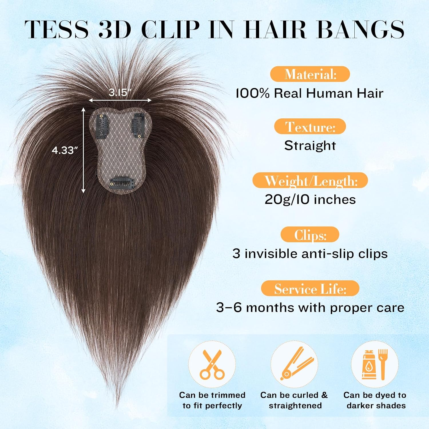 Hair Toppers for Women Real Human Hair,TESS Lightweight Air Bangs Human Hair Toppers,Clip in Bangs,Invisible 3D 360°Full Cover Clip on Bang,3.15"4.33" Lace Soft Base 10"/20g #02 Dark Brown