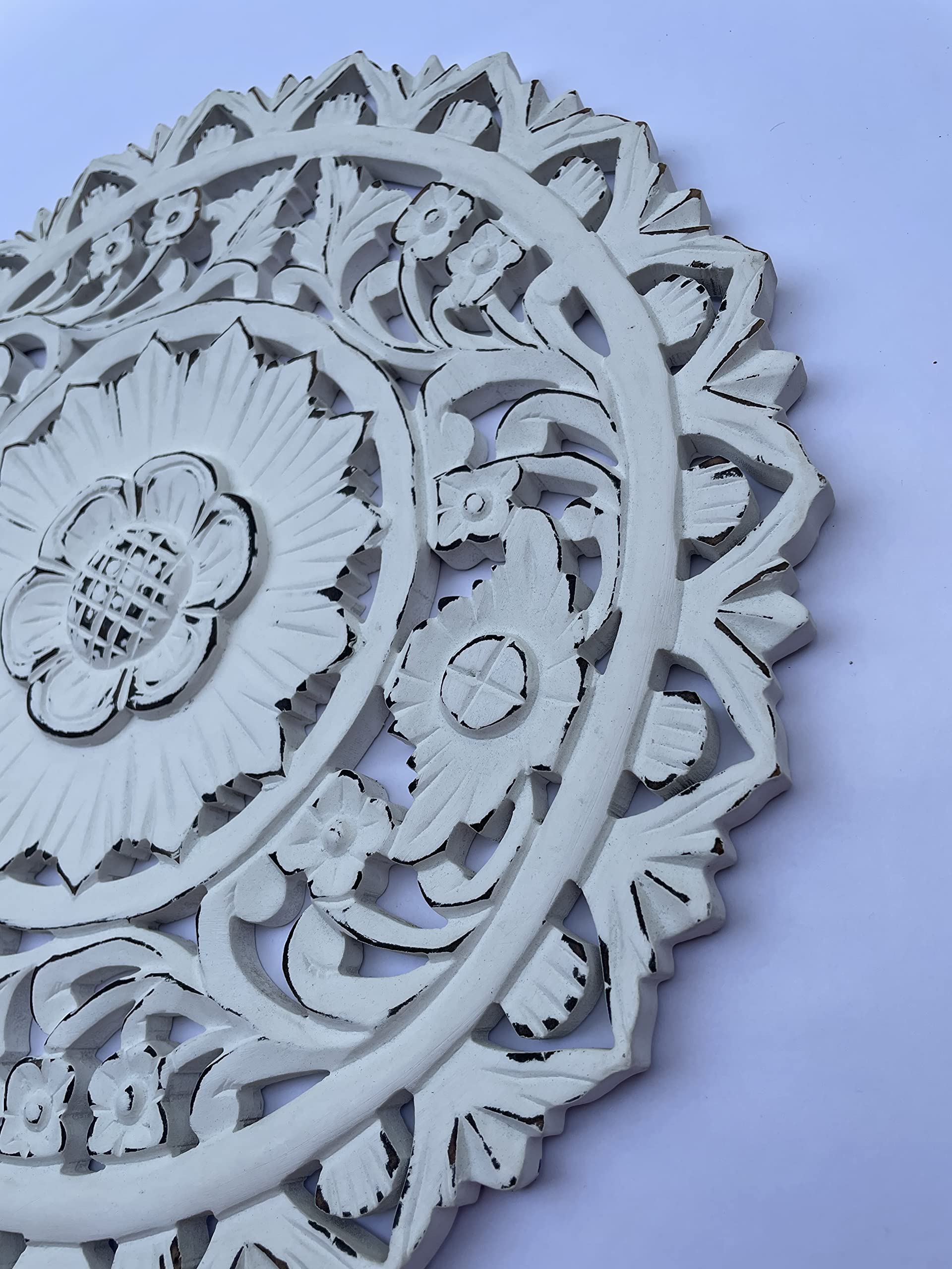 Decorazione Parete Legno Intagliato - Mandala Floreale Bianco 40cm, Stile Shabby Chic