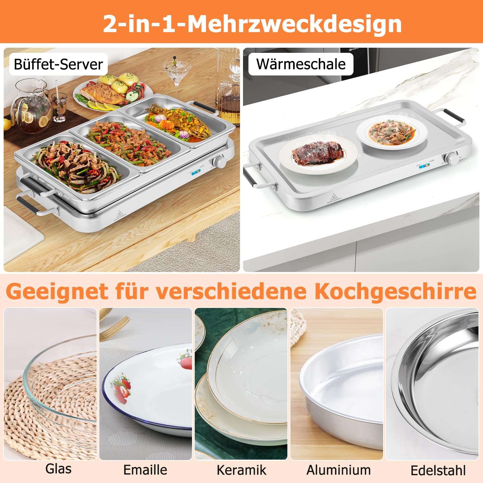 SOARS Warmhaltebehälter elektrisch 450 W, 9L Edelstahl Chafing Dish, 50-150 °C, Buffetwärmer