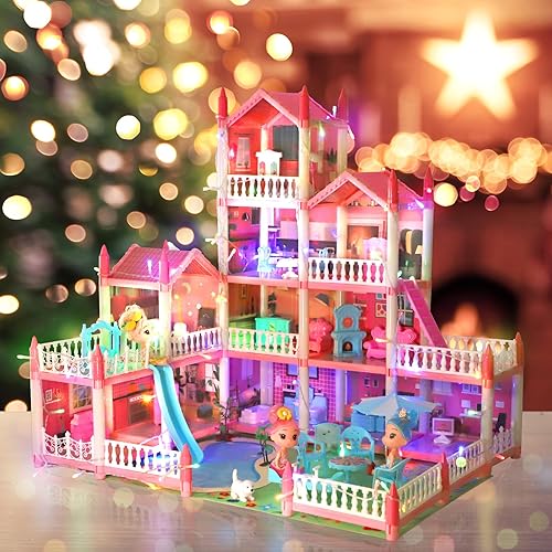 Miniatura 6 de Casa de muñecas con 11 habitaciones de 4 pisos, regalo de ensueño, casa de muñecas de princesa con muebles para piscina, casa de juguetes rosa para