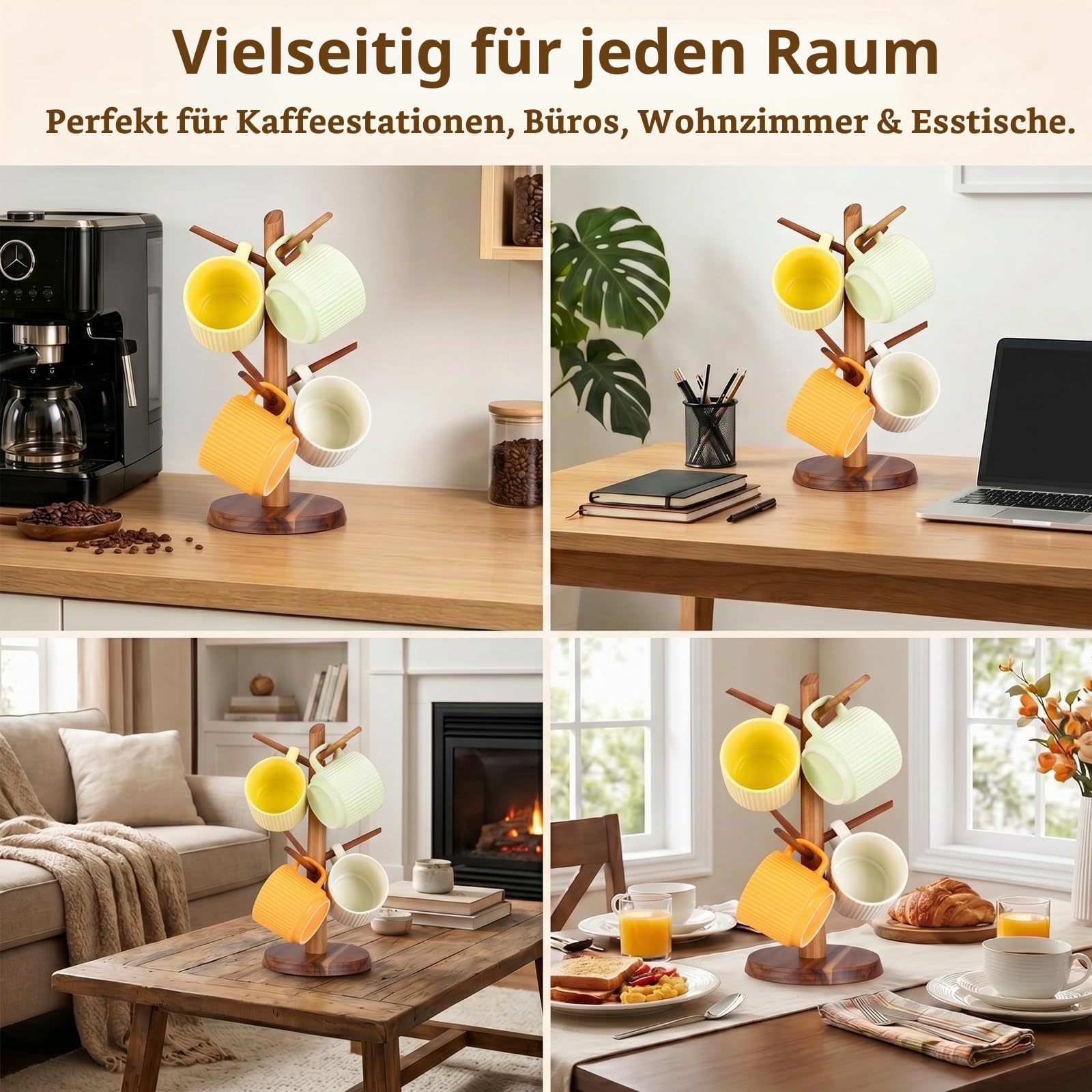 Tassenhalter Baum | Akazienholz Tassenbaum Kaffeetassenhalter | Kaffeetassenhalter für Küchentheke Dekoration Kaffee Bar Zubehör und Home Organizer Braun | mit 6 Haken (MHA6B)