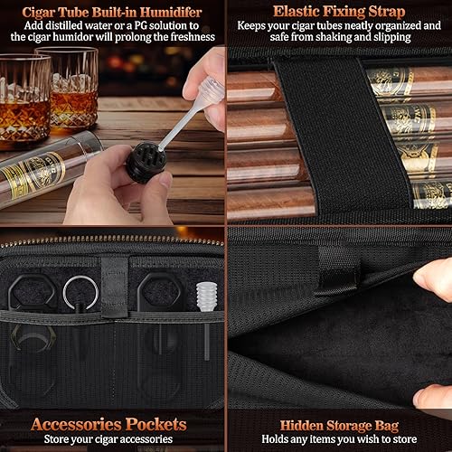Miniatura 5 de Estuche Humidor de Puros de Viaje, Bolsa Portátil para Puros con 4 Tubos para Puros, Estuche de Cuero para Puros Incluye Cortador Recto, Cortador en