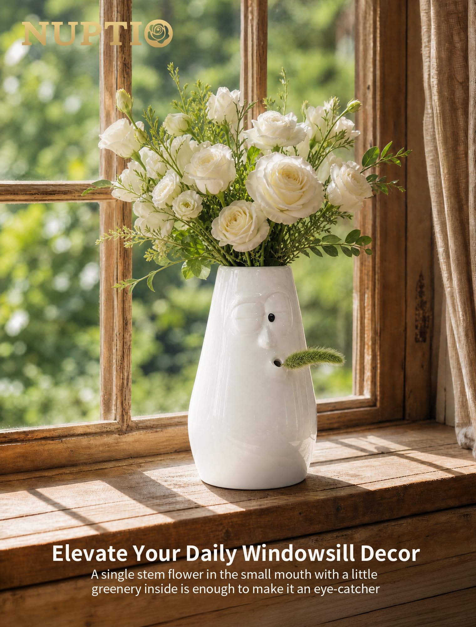 NUPTIO Vaso Bianco Regalo Compleanno: Ceramica Idea Fiori Vasi Decorativo Interno per Anniversario Natale - 24,5cm Altezza Moderno Centrotavola per Ufficio Camera Soggiorno Tavolo