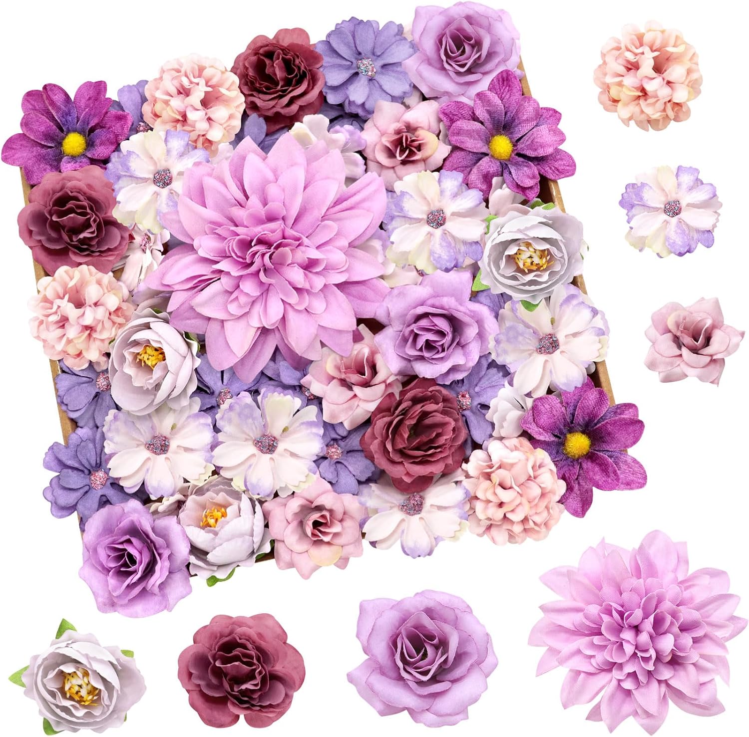 Pack of 50 Artificial Flowers for Crafts, Purple Artificial Flower Heads, 9 Types of Artificial Flowers for Crafts, Cake Decoration Flowers, Flowers Decoration for DIY Crafts Wedding Party Home